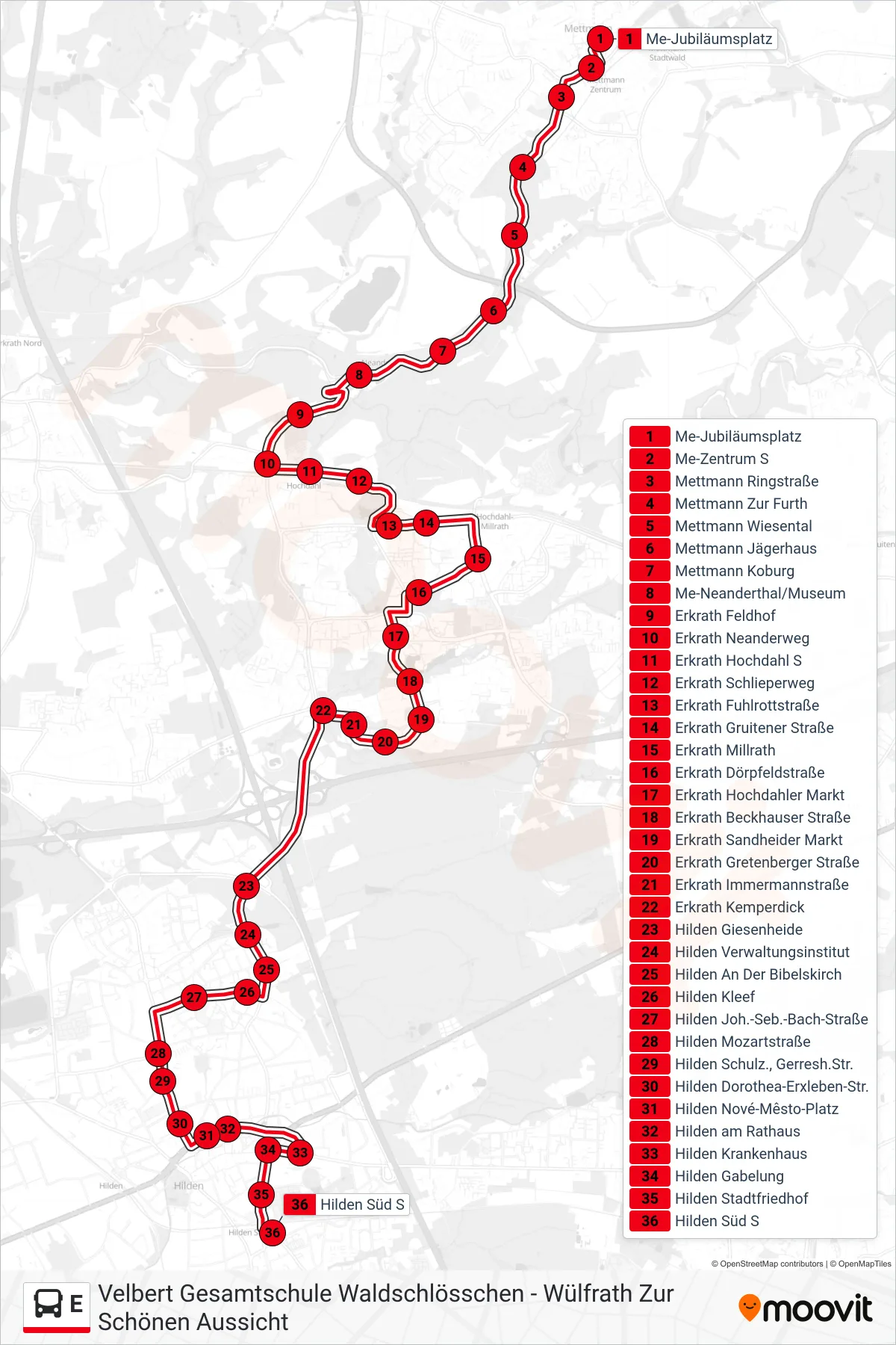 Linie E (Bus) Richtung Hilden Süd S: Route und Haltestellen auf der Karte