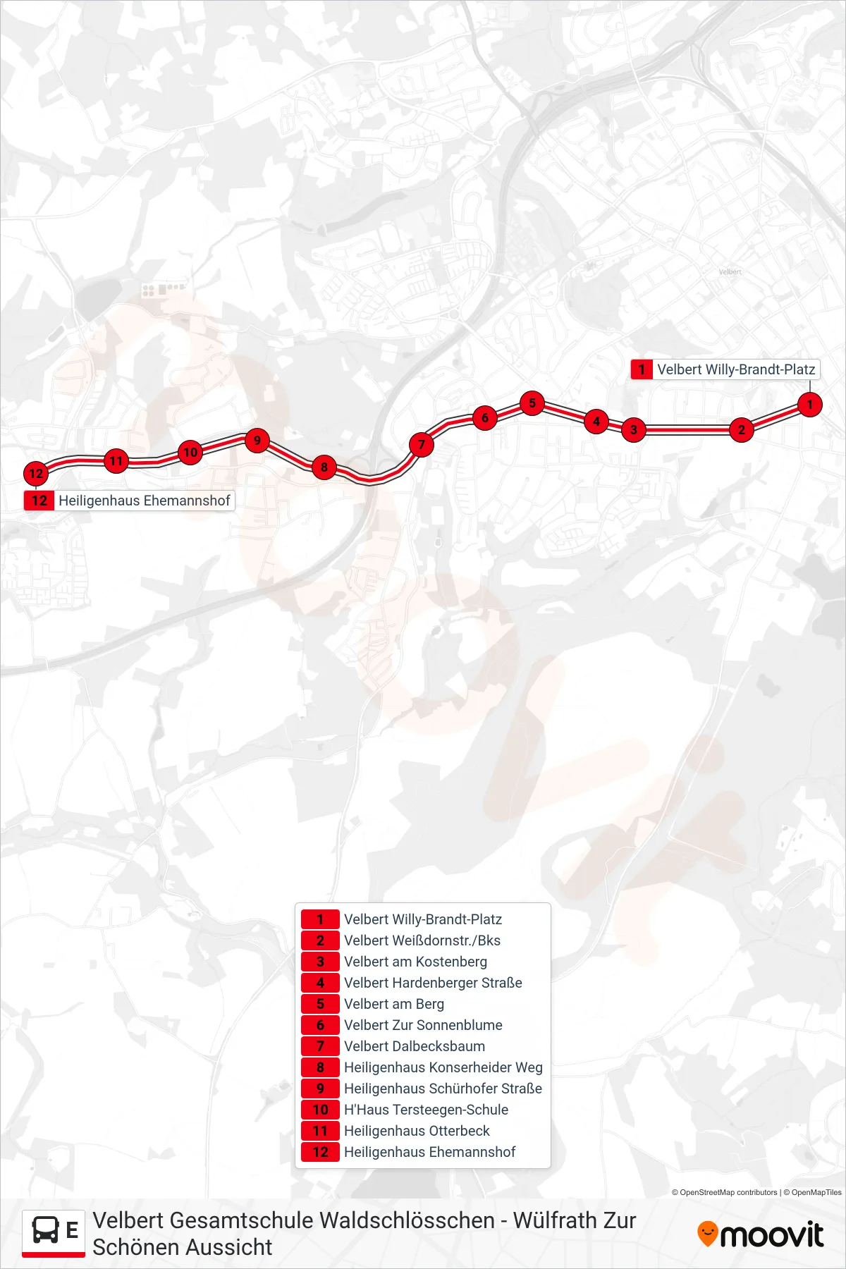 Linie E (Bus) Richtung Heiligenhaus Ehemannshof: Route und Haltestellen auf der Karte