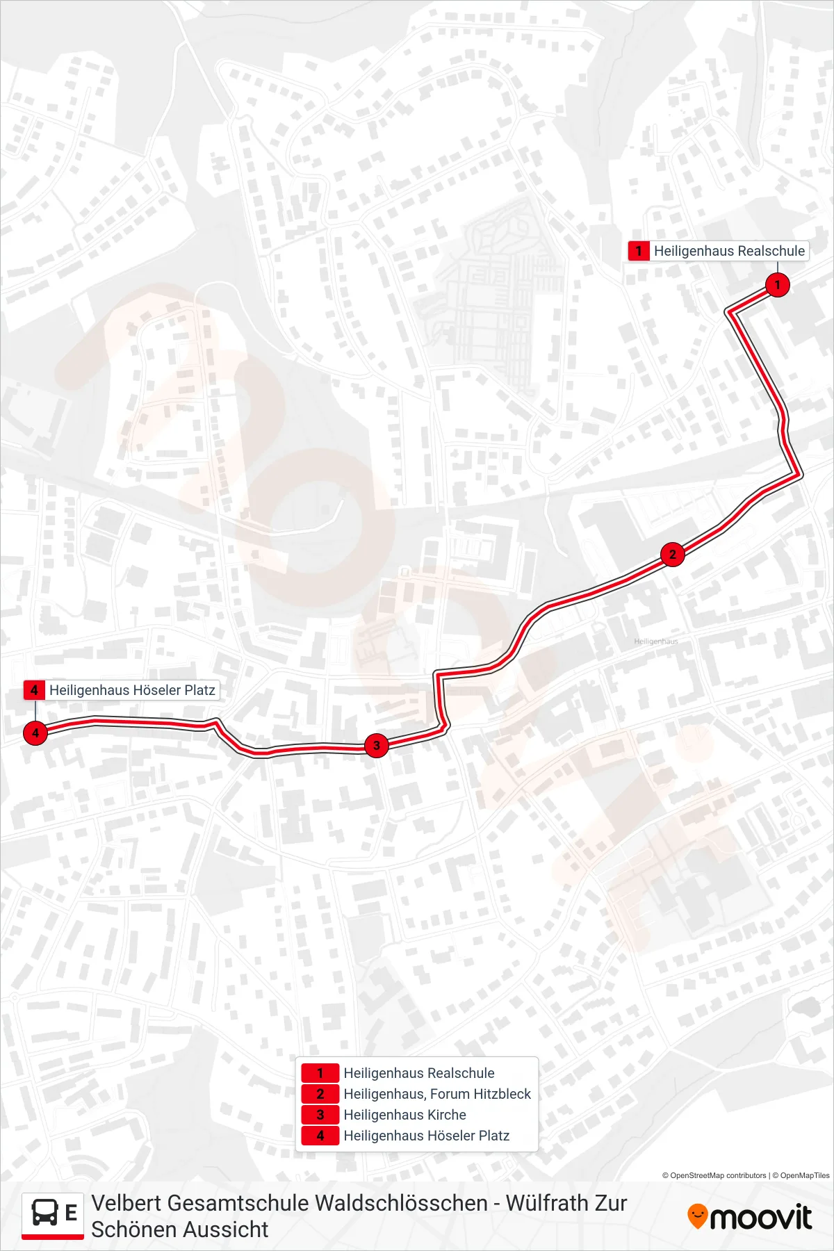 Linie E (Bus) Richtung Heiligenhaus Höseler Platz: Route und Haltestellen auf der Karte