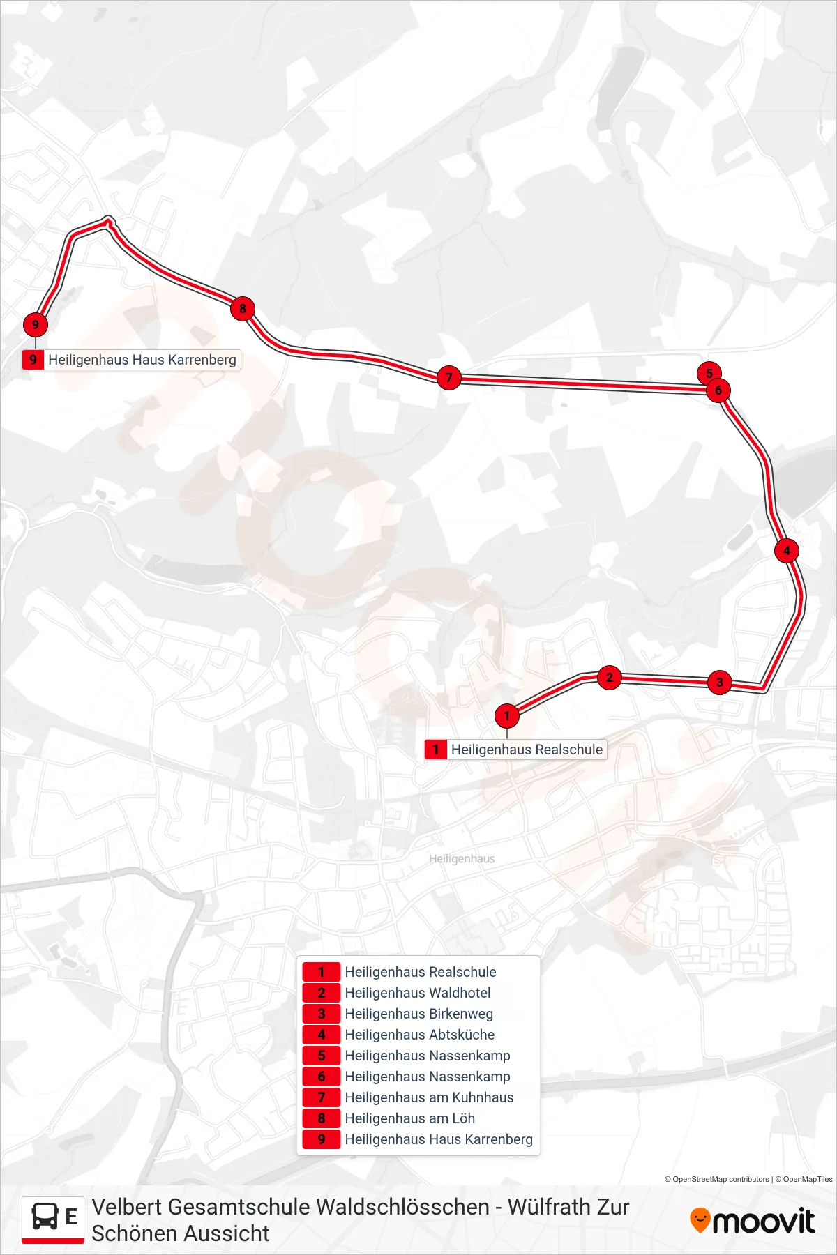 Linie E (Bus) Richtung Heiligenhaus Haus Karrenberg: Route und Haltestellen auf der Karte