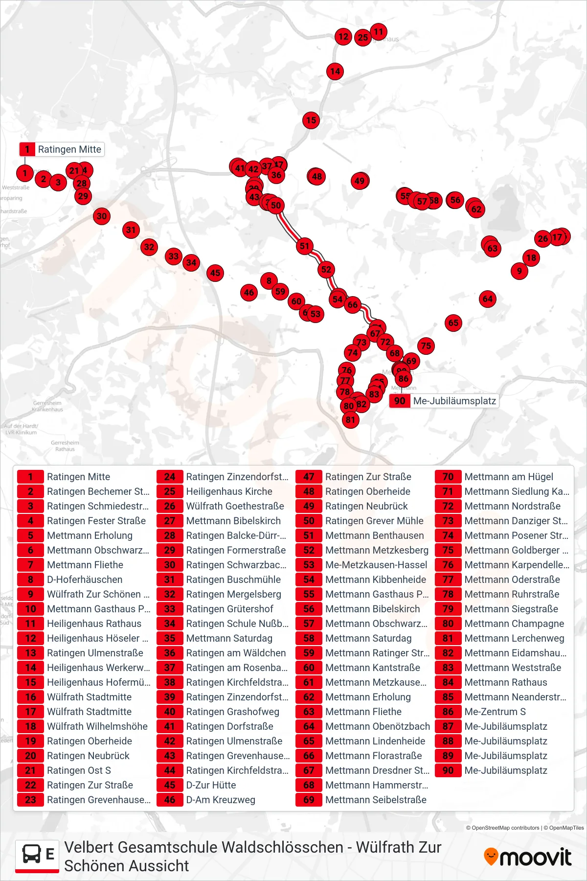 Linie E (Bus) Richtung Me-Jubiläumsplatz: Route und Haltestellen auf der Karte