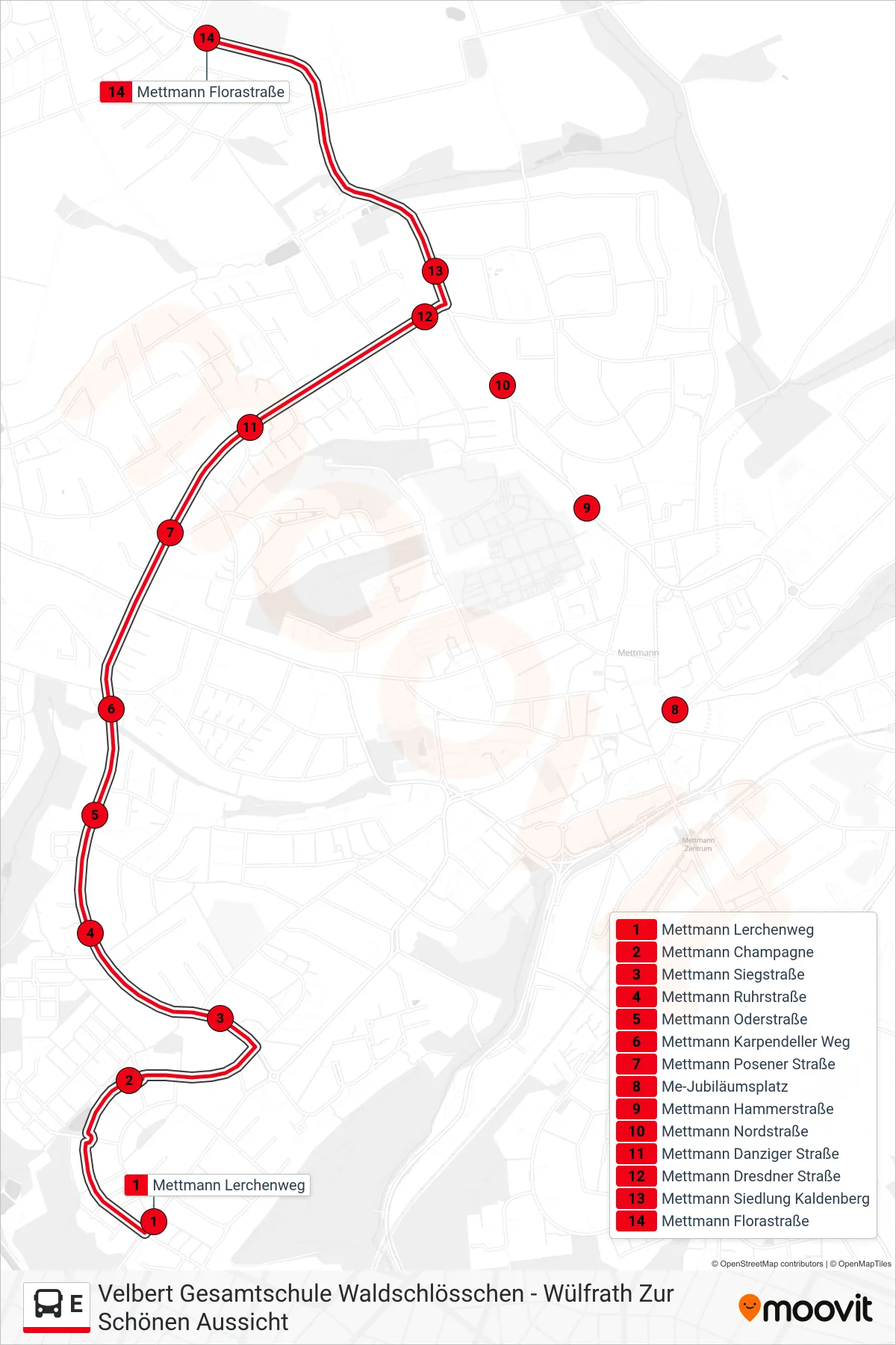 Linie E (Bus) Richtung Mettmann Florastraße: Route und Haltestellen auf der Karte