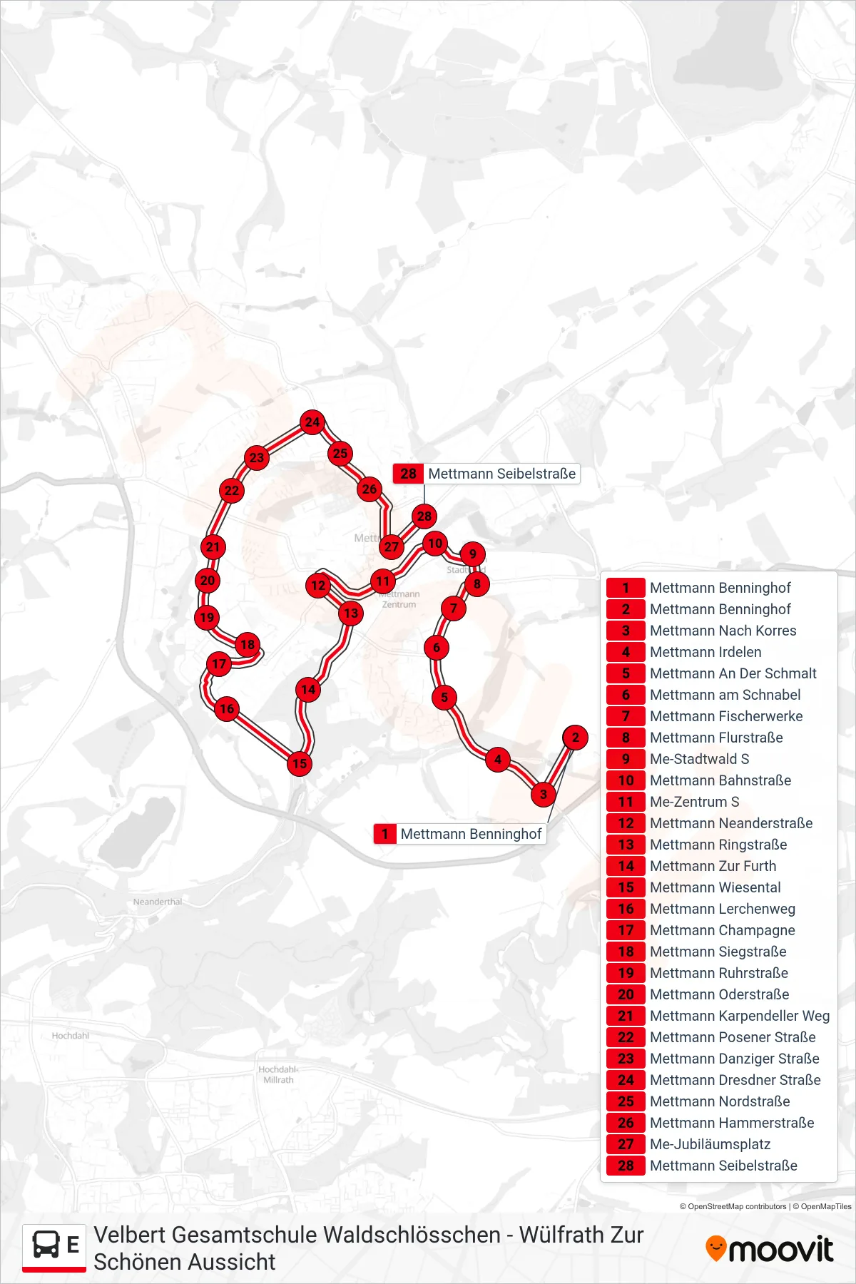 Linie E (Bus) Richtung Mettmann Seibelstraße: Route und Haltestellen auf der Karte