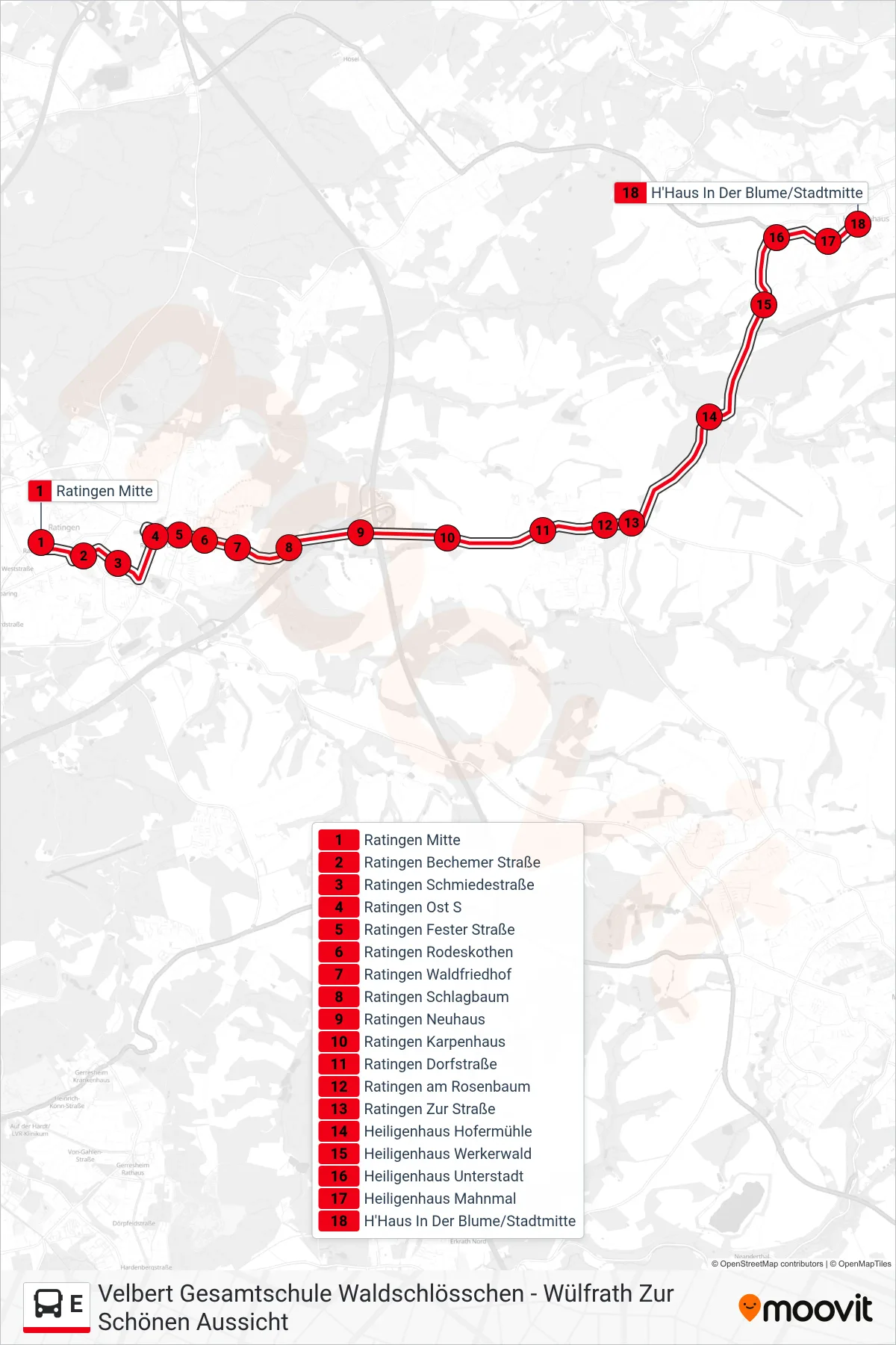 Linie E (Bus) Richtung H'Haus In Der Blume/Stadtmitte: Route und Haltestellen auf der Karte