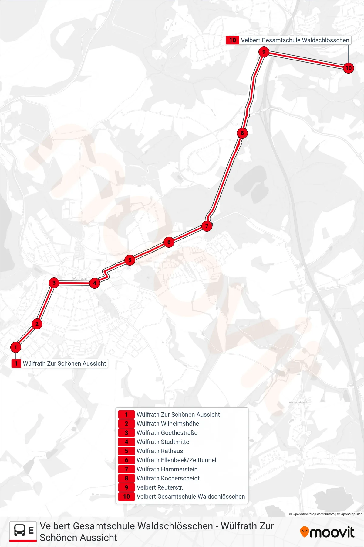 Linie E (Bus) Richtung Velbert Gesamtschule Waldschlösschen: Route und Haltestellen auf der Karte