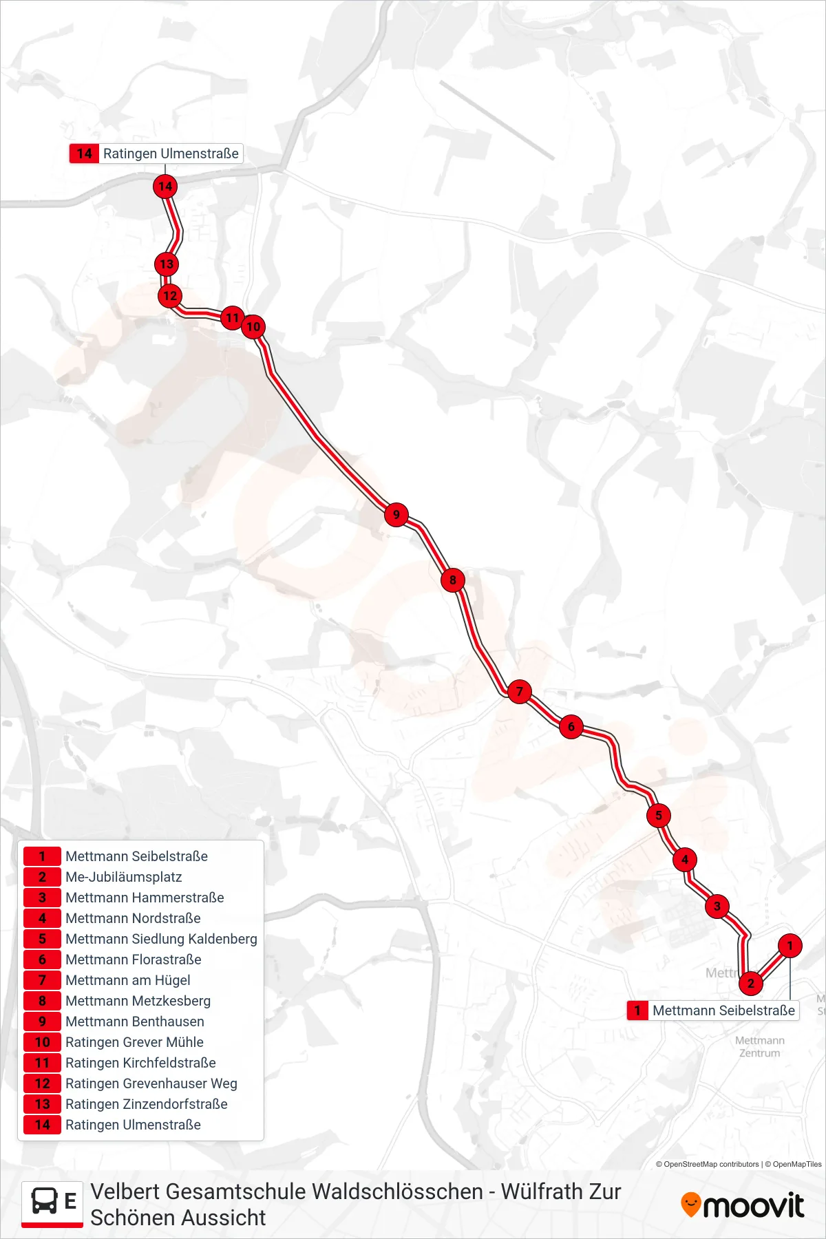 Linie E (Bus) Richtung Ratingen Ulmenstraße: Route und Haltestellen auf der Karte