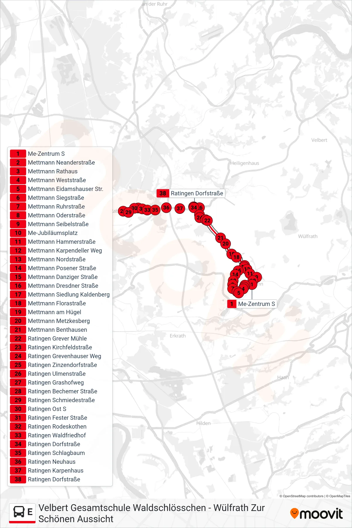 Linie E (Bus) Richtung Ratingen Dorfstraße: Route und Haltestellen auf der Karte