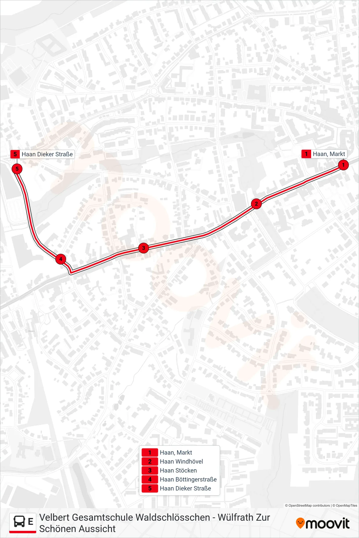 Linie E (Bus) Richtung Haan Dieker Straße: Route und Haltestellen auf der Karte