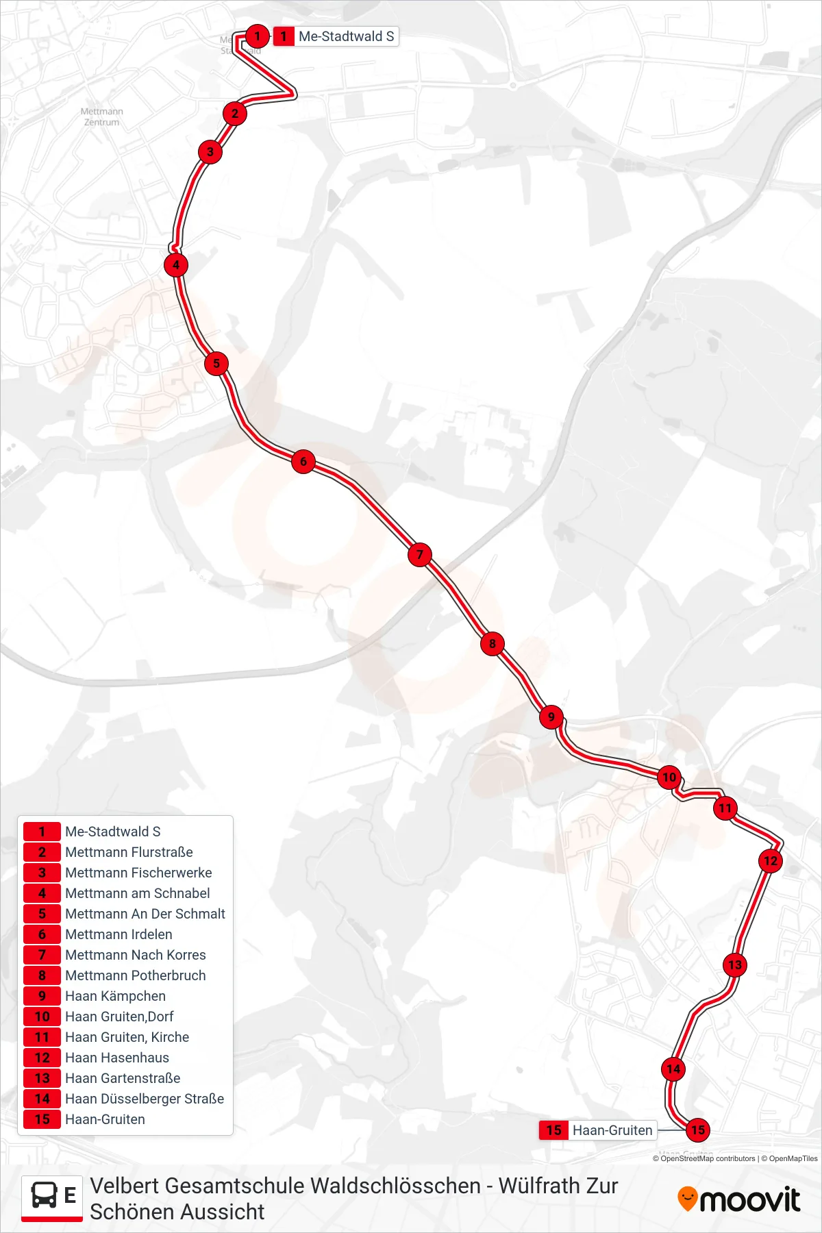 Linie E (Bus) Richtung Haan-Gruiten: Route und Haltestellen auf der Karte