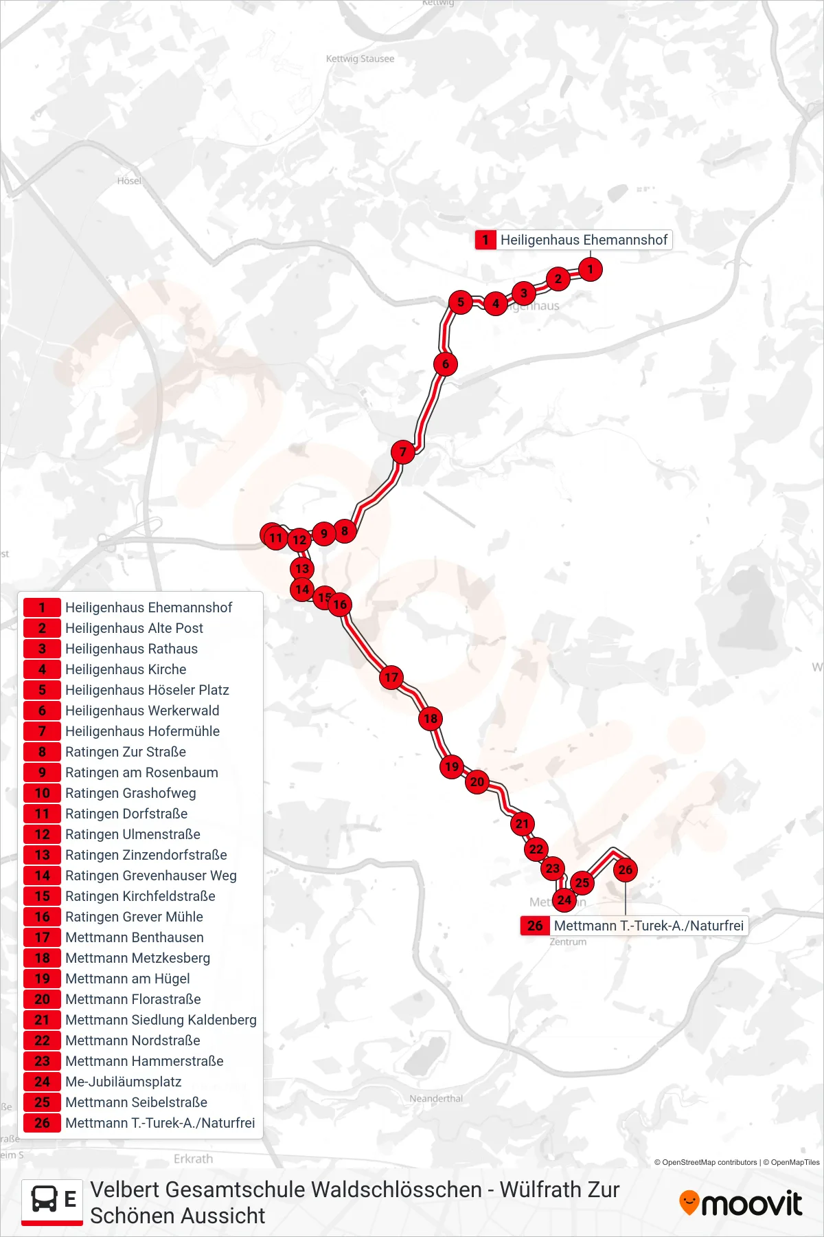 Linie E (Bus) Richtung Mettmann T.-Turek-A./Naturfrei: Route und Haltestellen auf der Karte