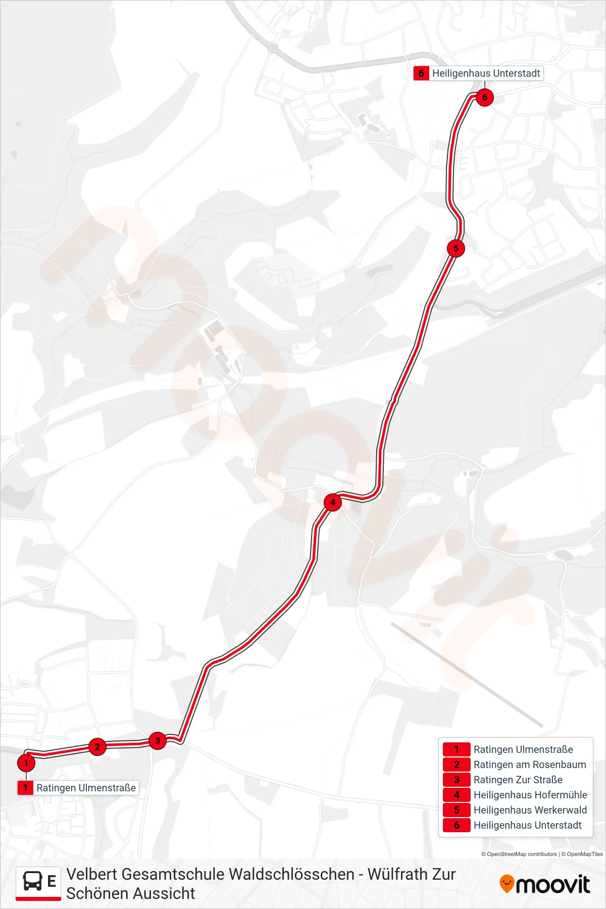Linie E (Bus) Richtung Heiligenhaus Unterstadt: Route und Haltestellen auf der Karte