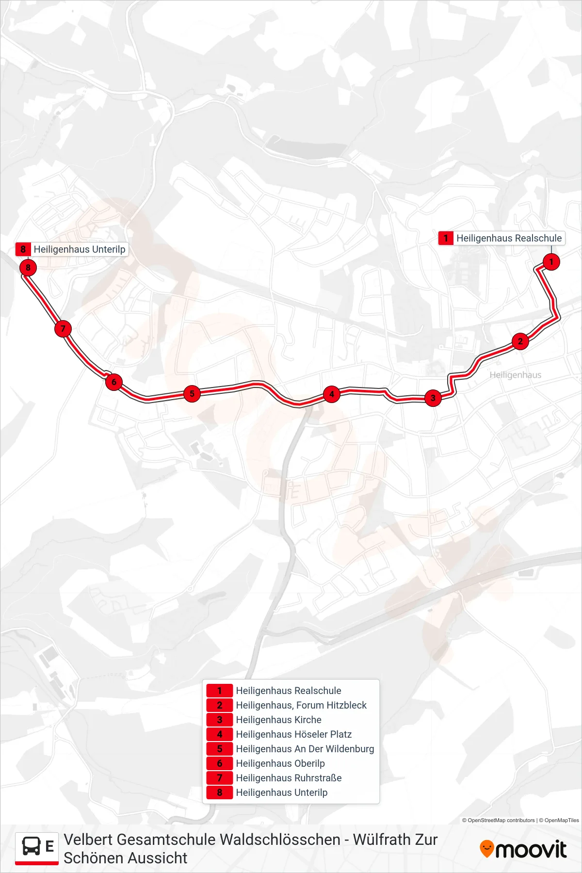 Linie E (Bus) Richtung Heiligenhaus Unterilp: Route und Haltestellen auf der Karte