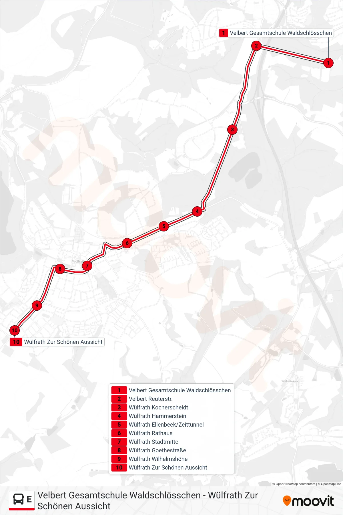 Linie E (Bus) Richtung Wülfrath Zur Schönen Aussicht: Route und Haltestellen auf der Karte