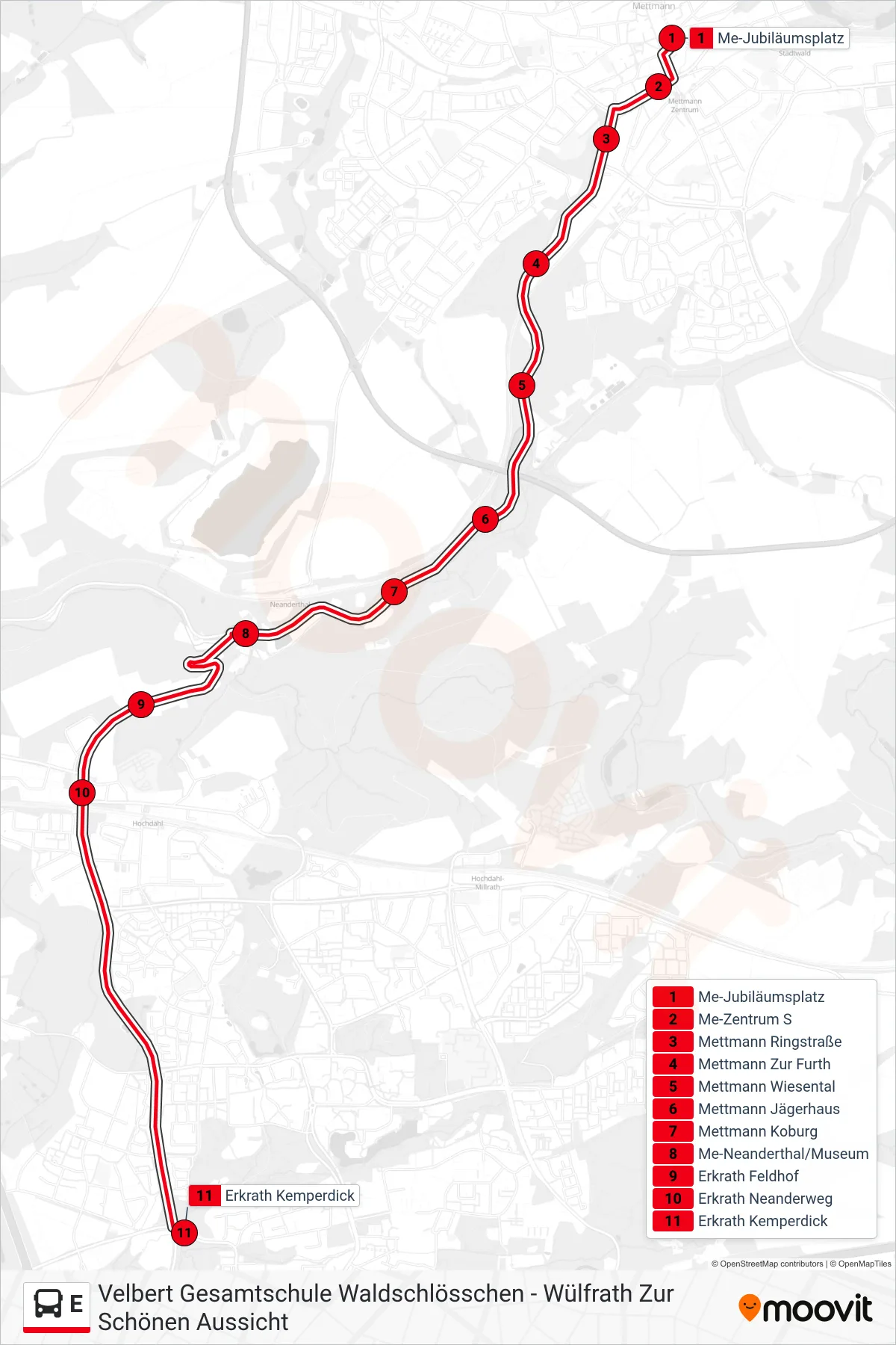 Linie E (Bus) Richtung Erkrath Kemperdick: Route und Haltestellen auf der Karte