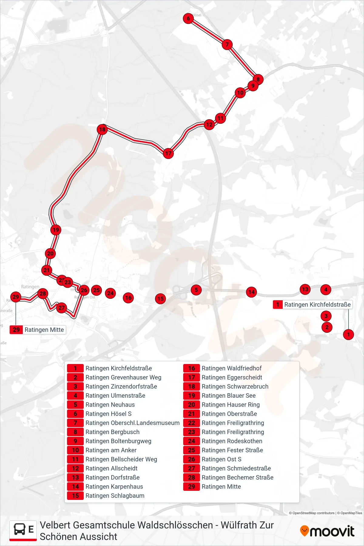 Linie E (Bus) Richtung Ratingen Mitte: Route und Haltestellen auf der Karte