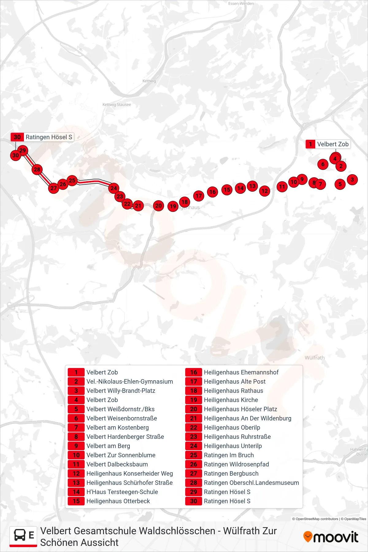 Linie E (Bus) Richtung Ratingen Hösel S: Route und Haltestellen auf der Karte