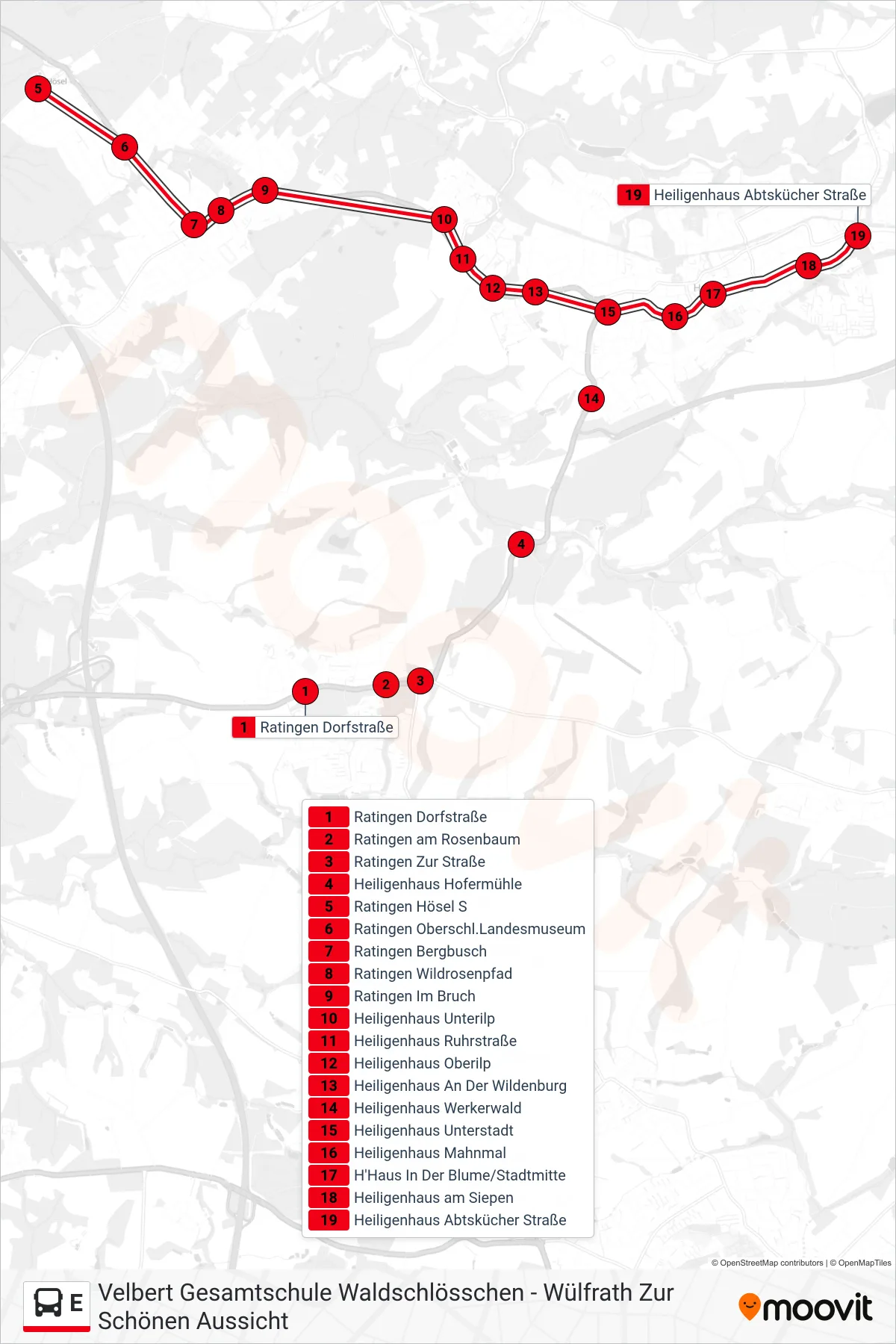 Linie E (Bus) Richtung Heiligenhaus Abtskücher Straße: Route und Haltestellen auf der Karte
