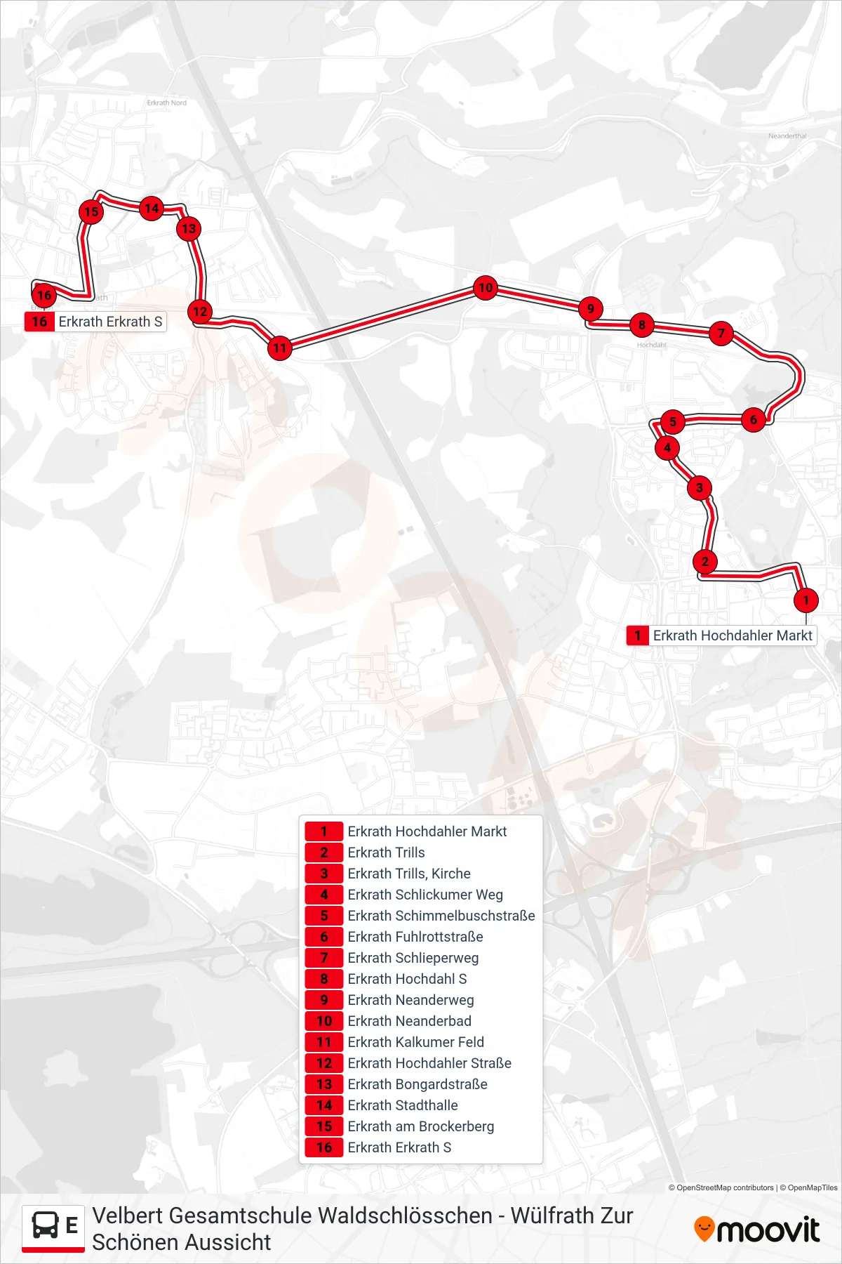 Linie E (Bus) Richtung Erkrath Erkrath S: Route und Haltestellen auf der Karte