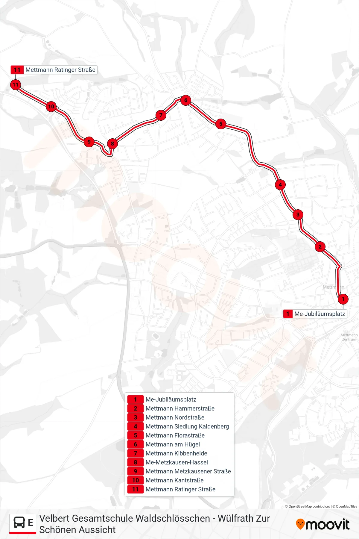 Linie E (Bus) Richtung Mettmann Ratinger Straße: Route und Haltestellen auf der Karte