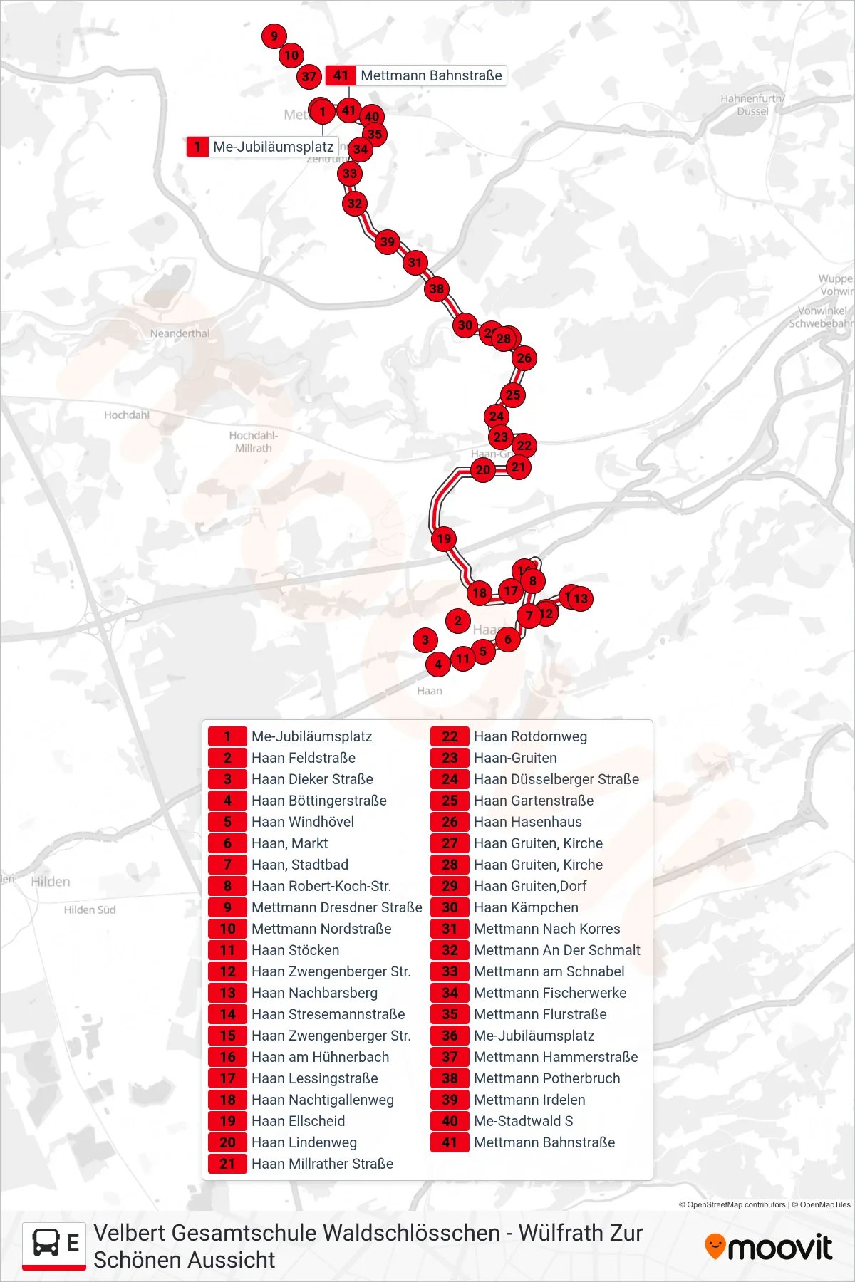 Linie E (Bus) Richtung Me-Jubiläumsplatz: Route und Haltestellen auf der Karte
