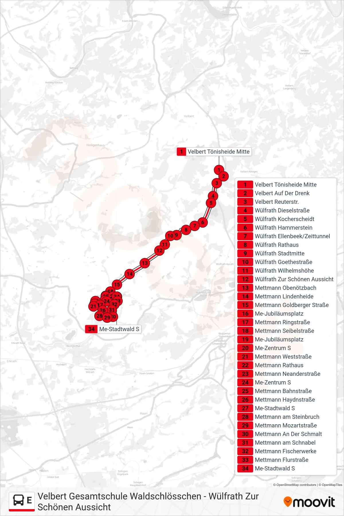 Linie E (Bus) Richtung Me-Stadtwald S: Route und Haltestellen auf der Karte