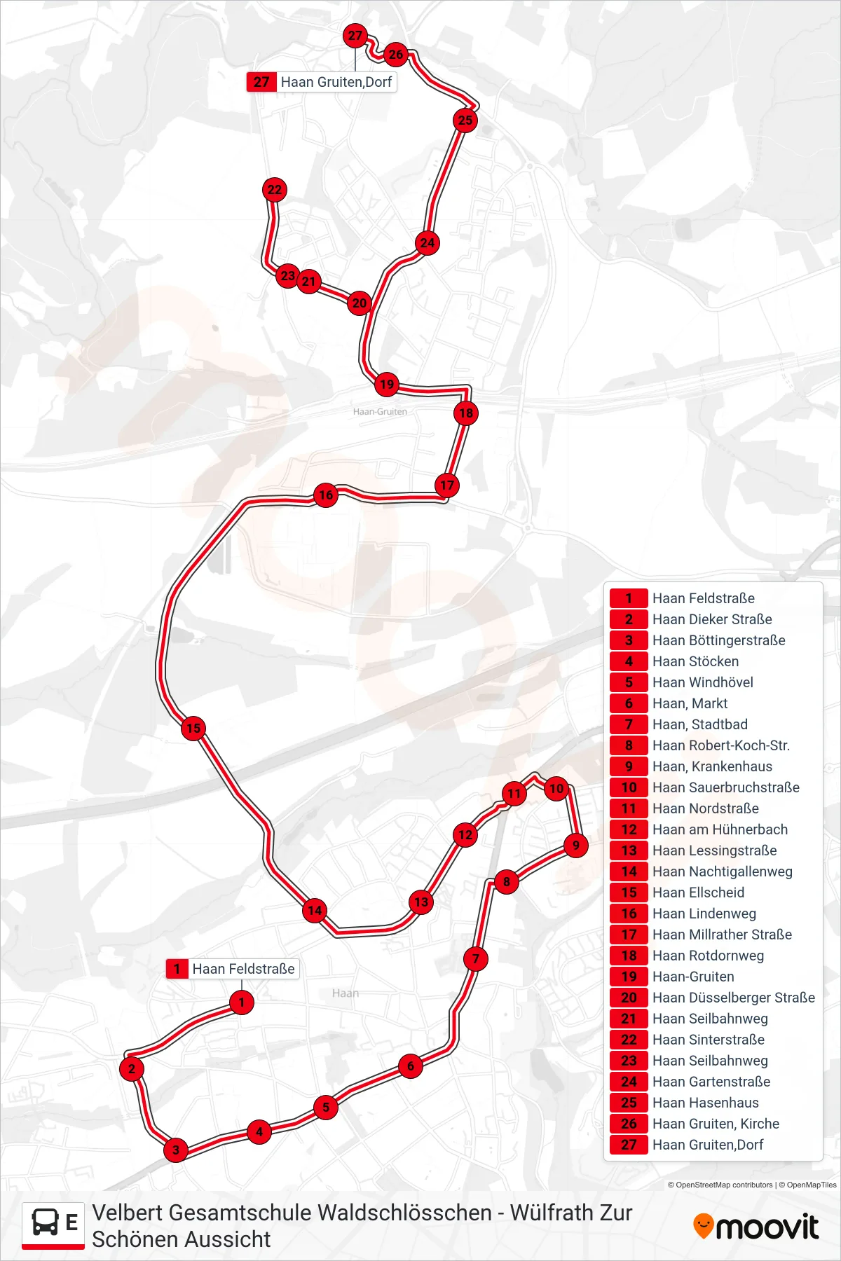 Linie E (Bus) Richtung Haan Gruiten,Dorf: Route und Haltestellen auf der Karte