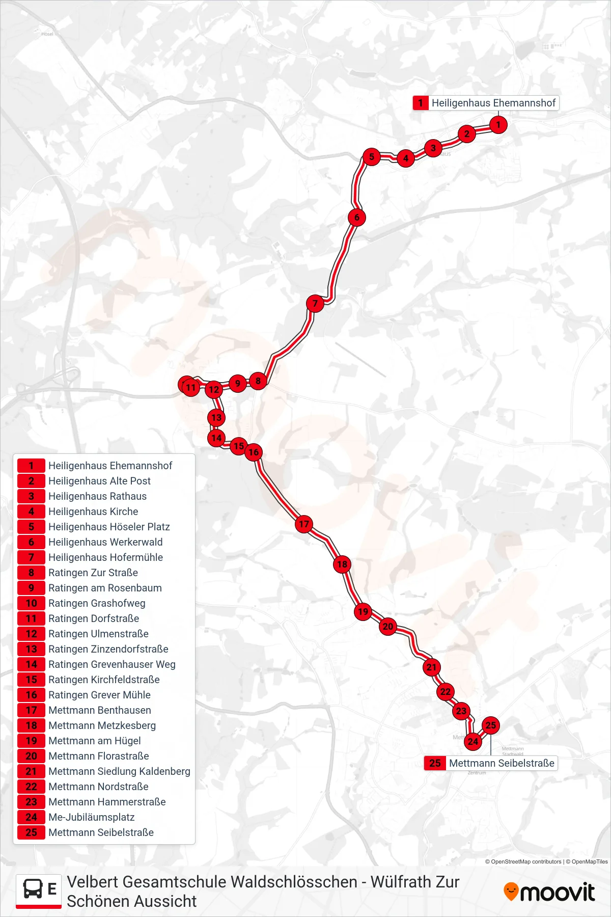 Linie E (Bus) Richtung Mettmann Seibelstraße: Route und Haltestellen auf der Karte