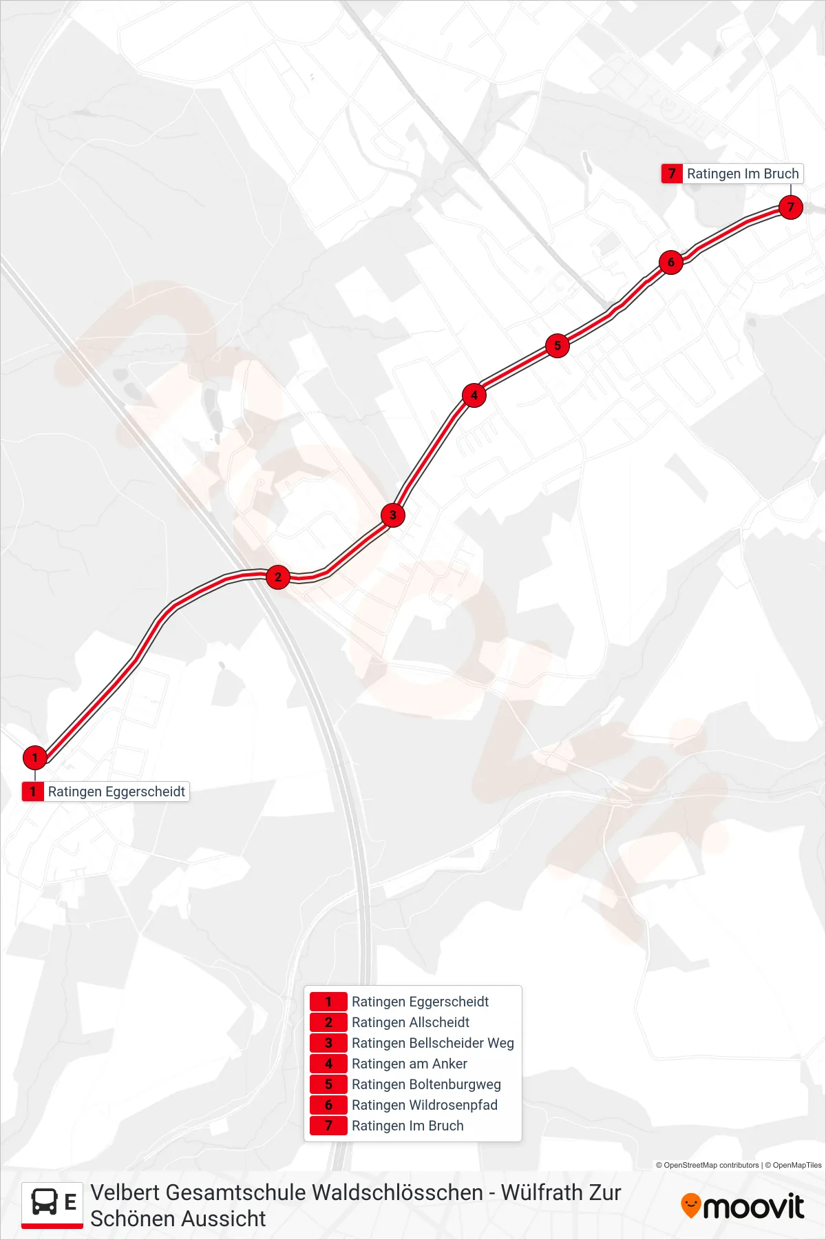 Linie E (Bus) Richtung Ratingen Im Bruch: Route und Haltestellen auf der Karte