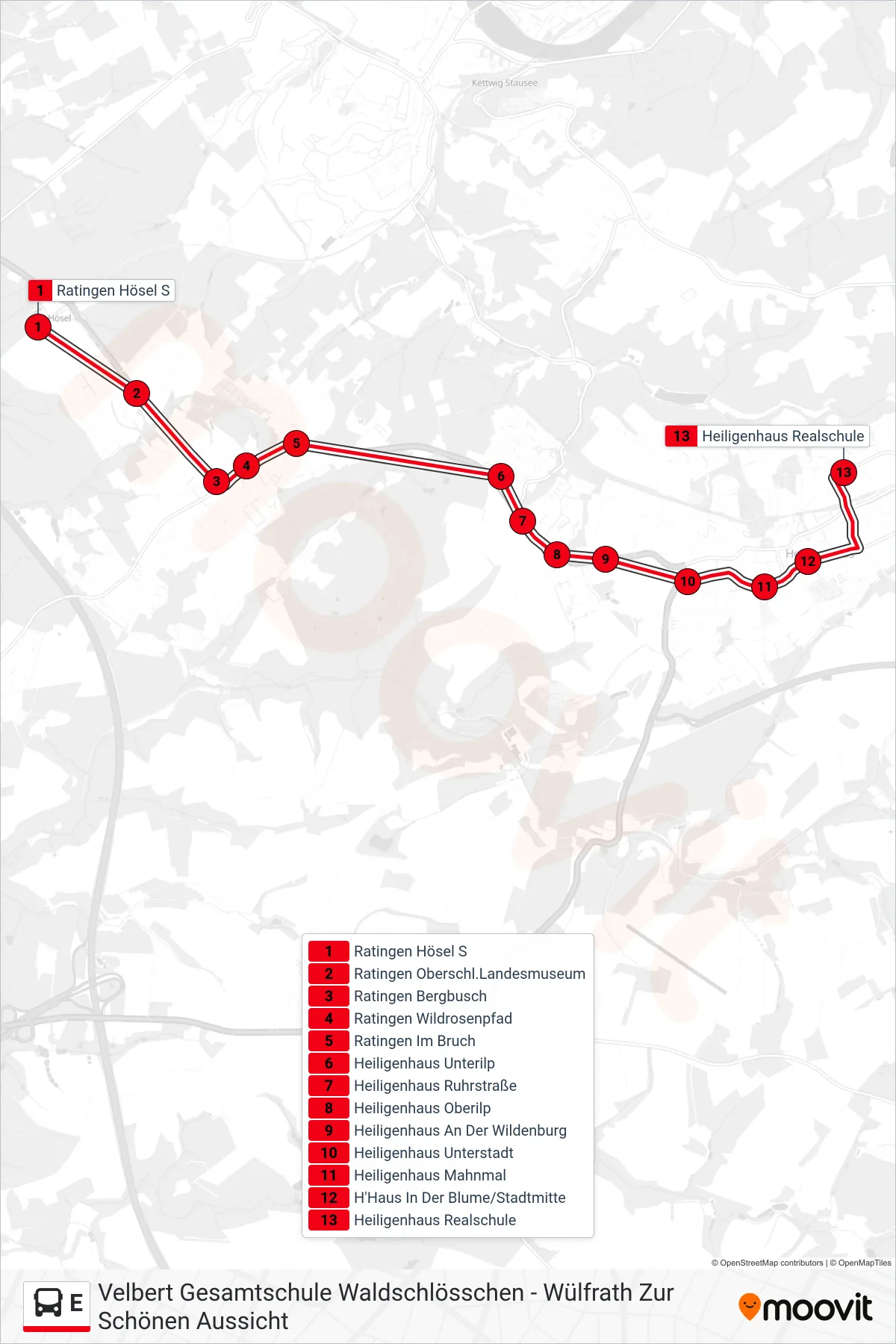 Linie E (Bus) Richtung Heiligenhaus Realschule: Route und Haltestellen auf der Karte
