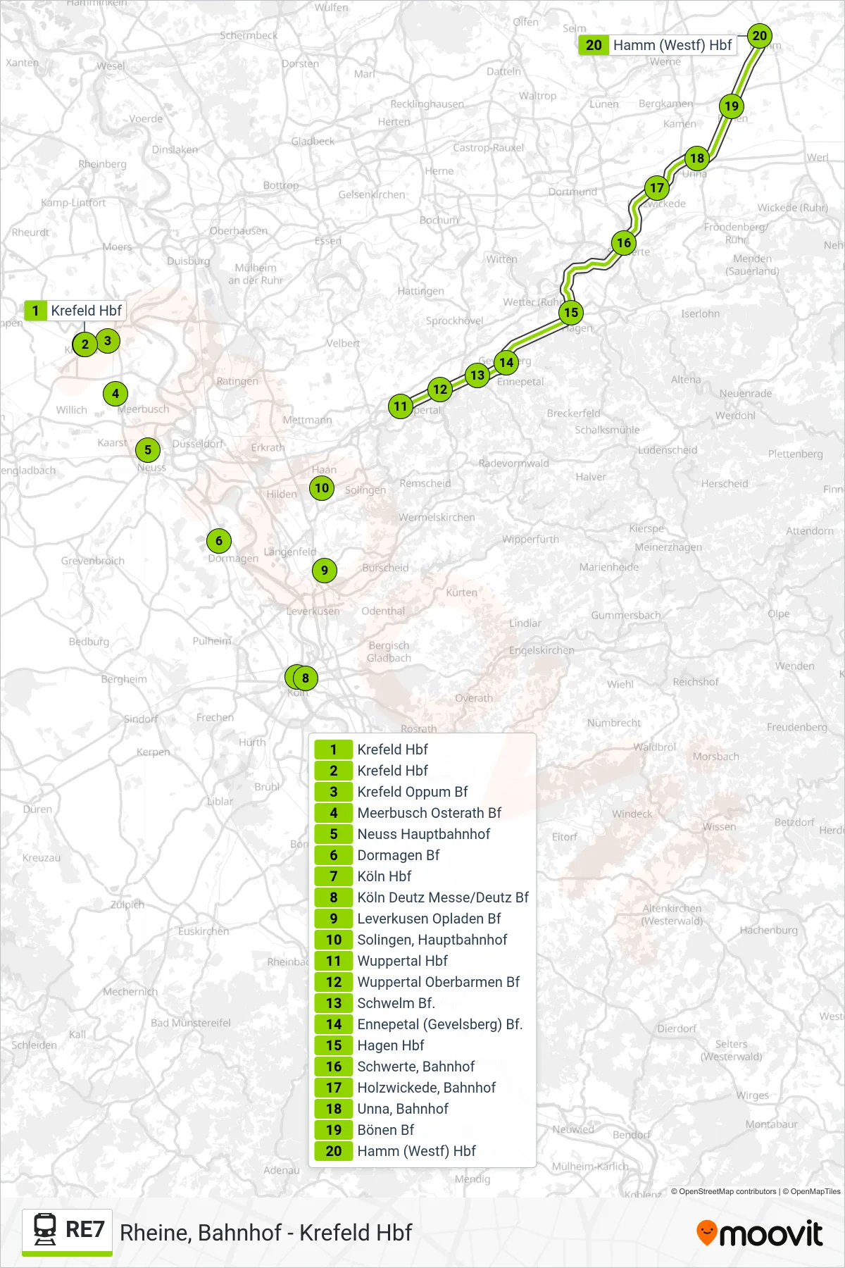 RE7 train Line (Hamm (Westf), Hauptbahnhof) route and stops on a map