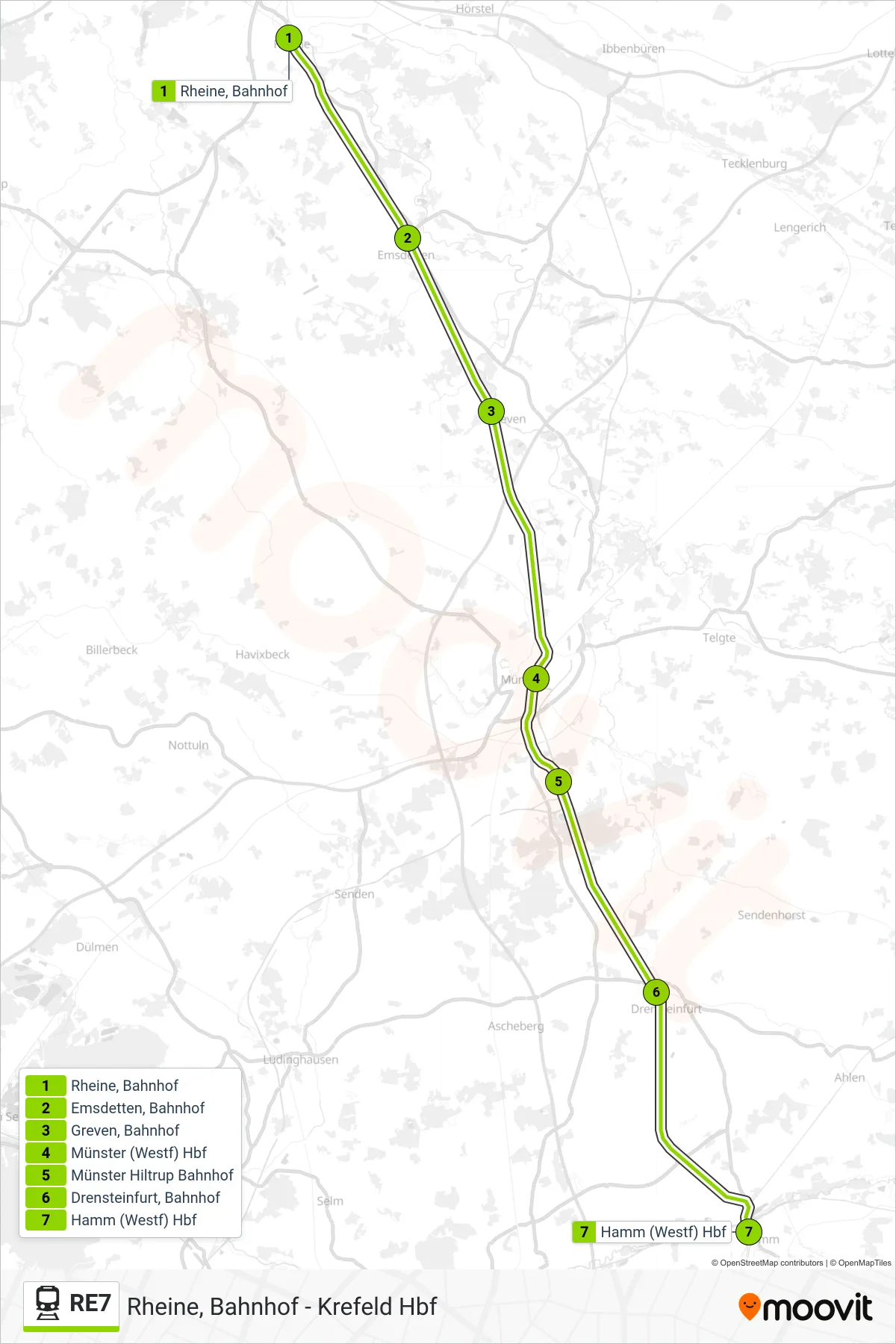 RE7 train Line (Hamm (Westf), Hauptbahnhof) route and stops on a map