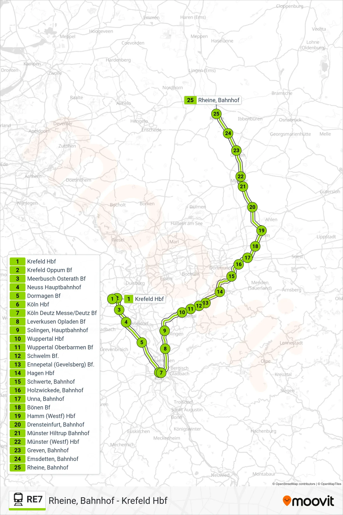 RE7 train Line (Rheine, Bahnhof) route and stops on a map