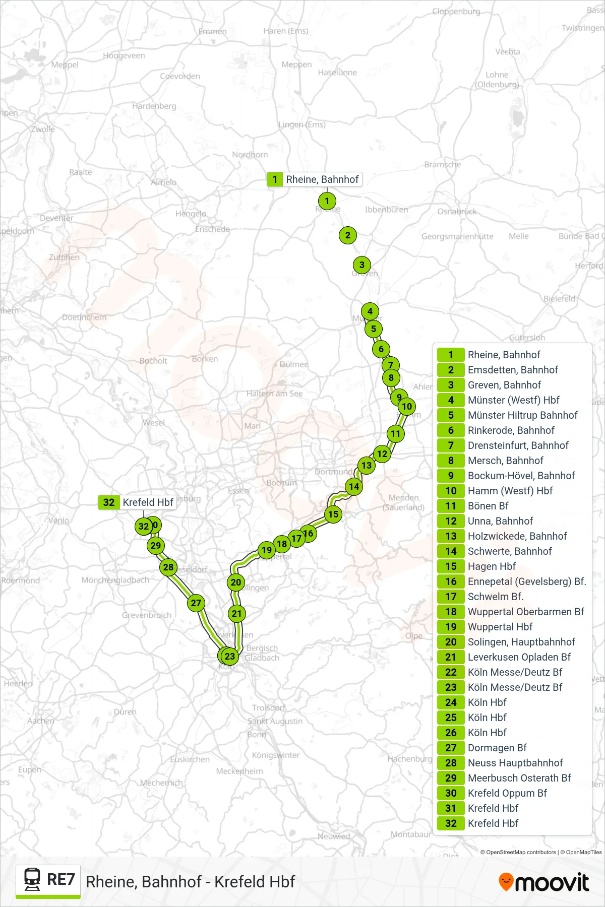 RE7 rail Line (Krefeld Hbf) route and stops on a map