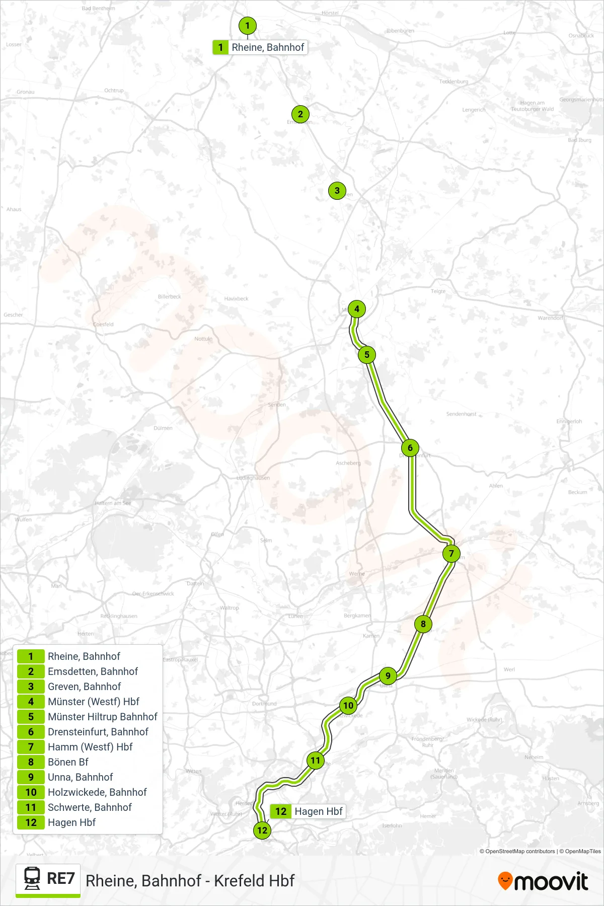RE7 rail Line (Hagen Hbf) route and stops on a map