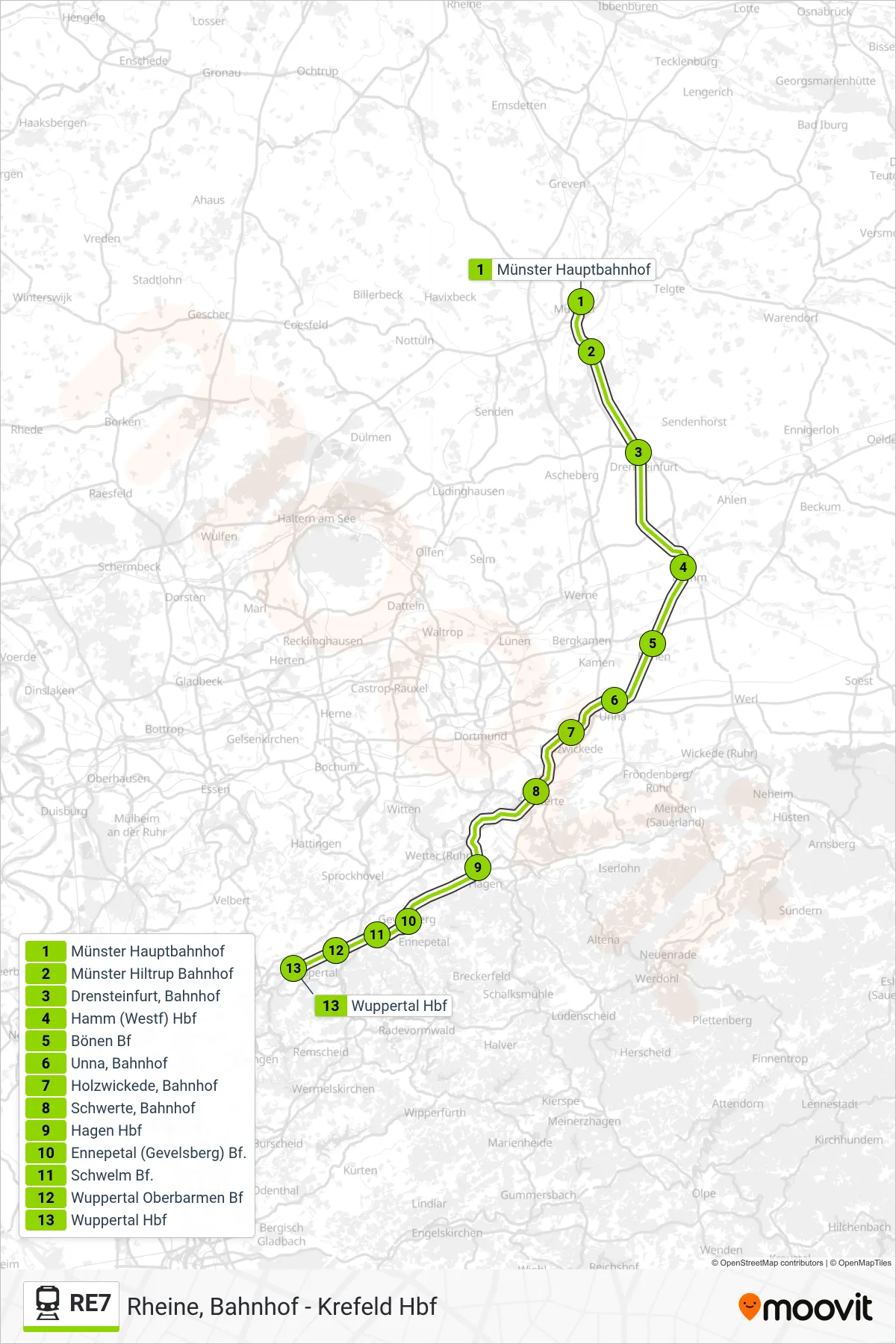 Linie RE7 (Bahn) Richtung Wuppertal Hbf: Route und Haltestellen auf der Karte
