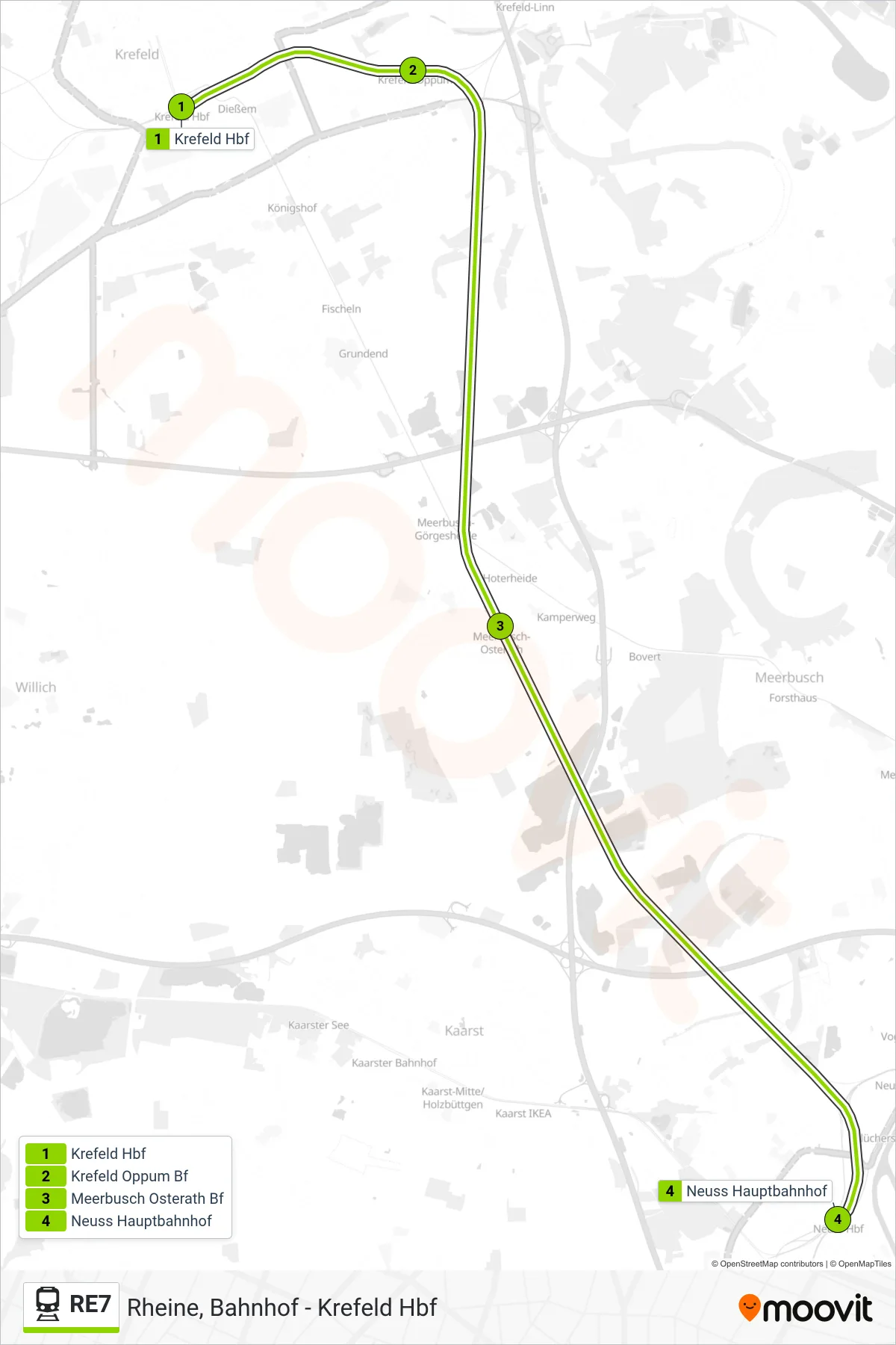 RE7 train Line (Neuss Hauptbahnhof) route and stops on a map