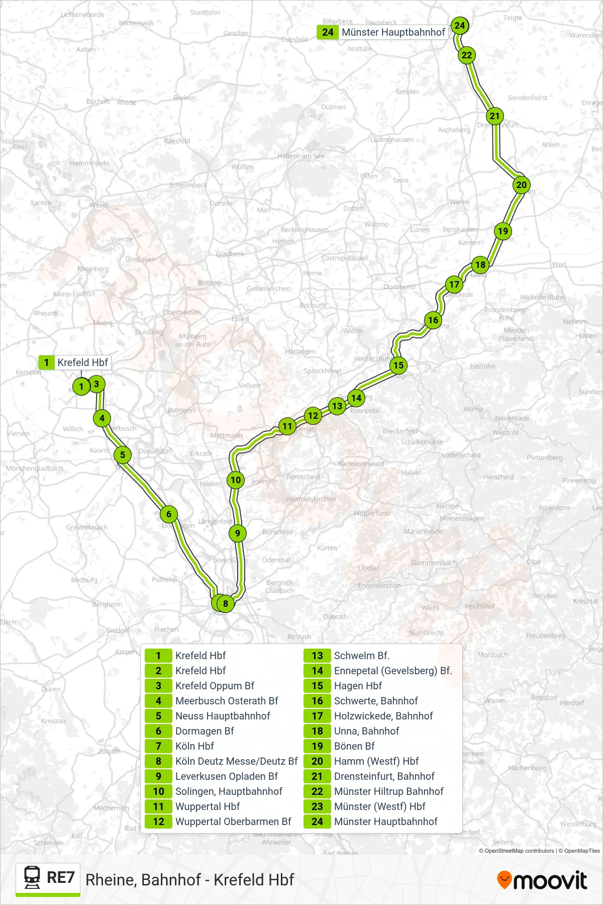 Linie RE7 (Bahn) Richtung Münster Hauptbahnhof: Route und Haltestellen auf der Karte