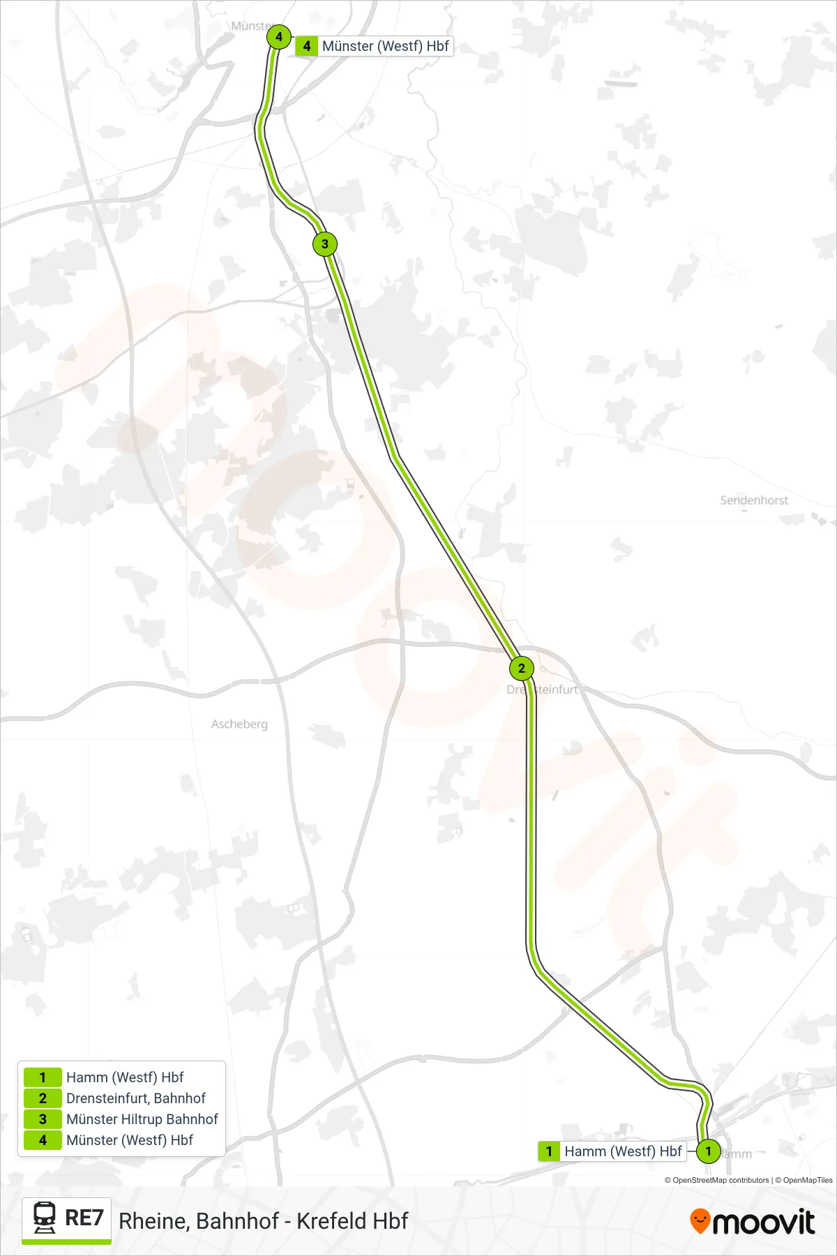 RE7 rail Line (Münster Hauptbahnhof) route and stops on a map