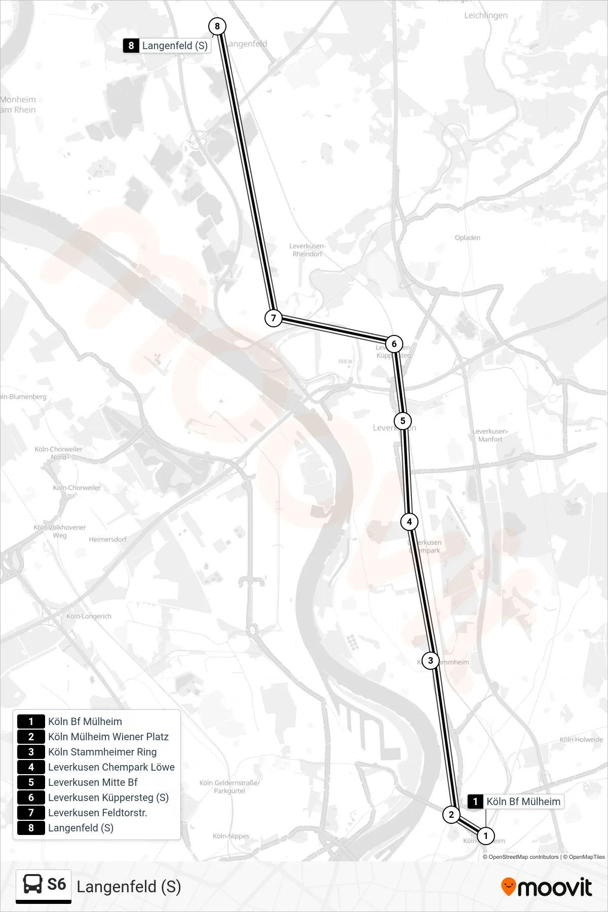 S6 bus Line (Langenfeld (S)) route and stops on a map