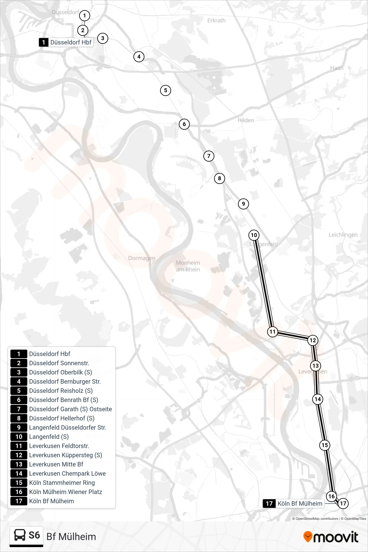 S6 bus Line (Bf Mülheim) route and stops on a map