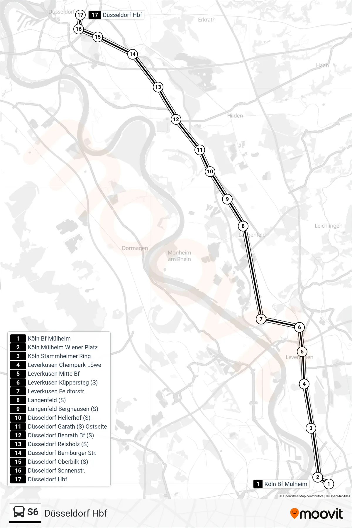 Linie S6 (Bus) Richtung Düsseldorf Hbf: Route und Haltestellen auf der Karte