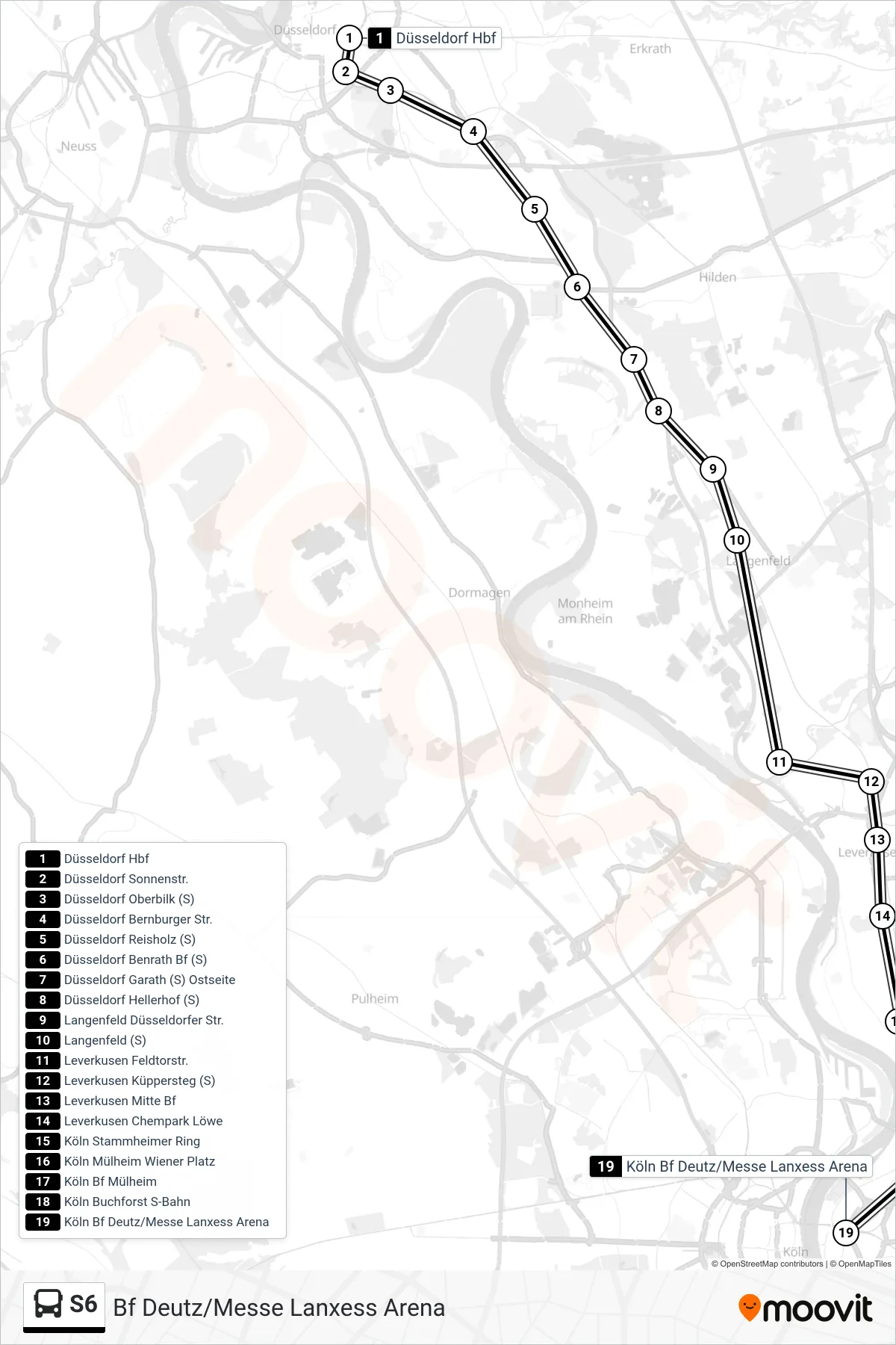 S6 bus Line (Bf Deutz/Messe Lanxess Arena) route and stops on a map