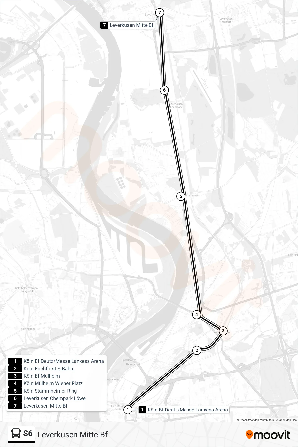 S6 bus Line (Leverkusen Mitte Bf) route and stops on a map