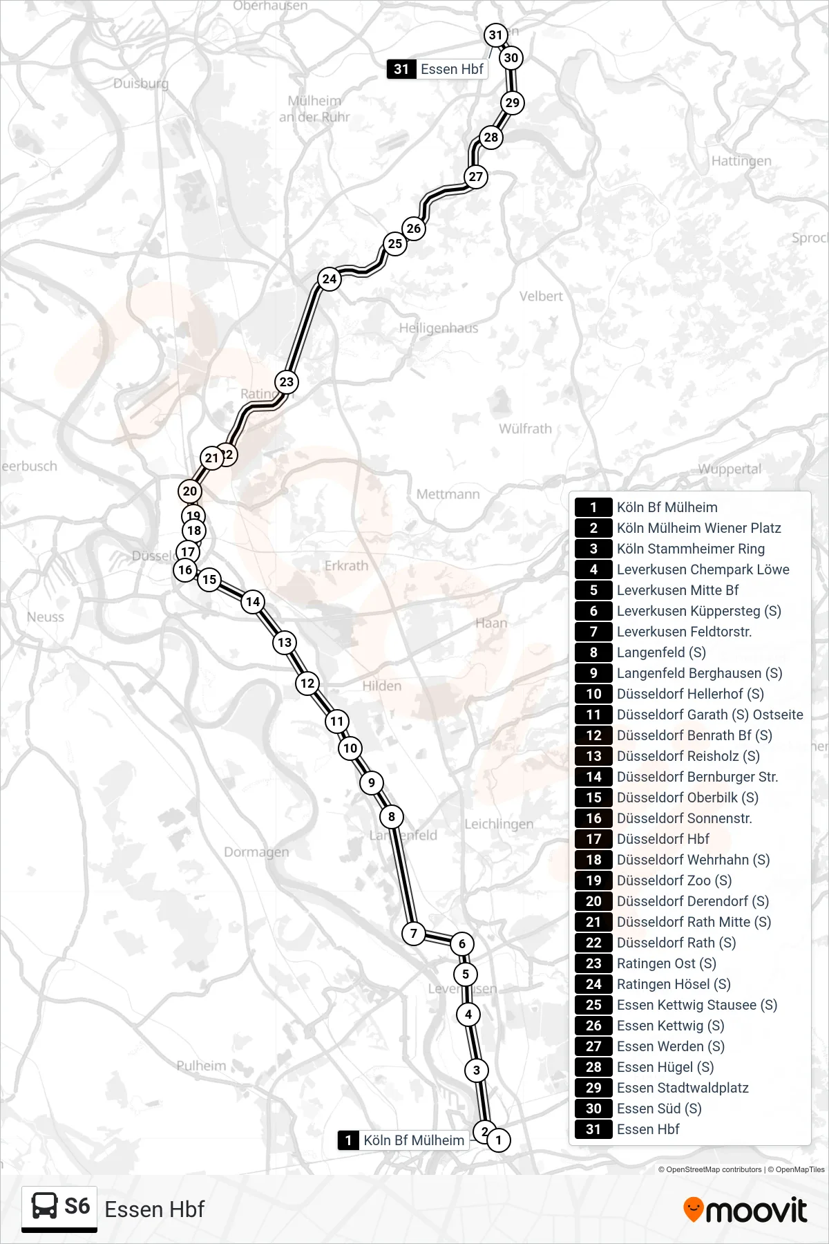 S6 bus Line (Essen Hbf) route and stops on a map