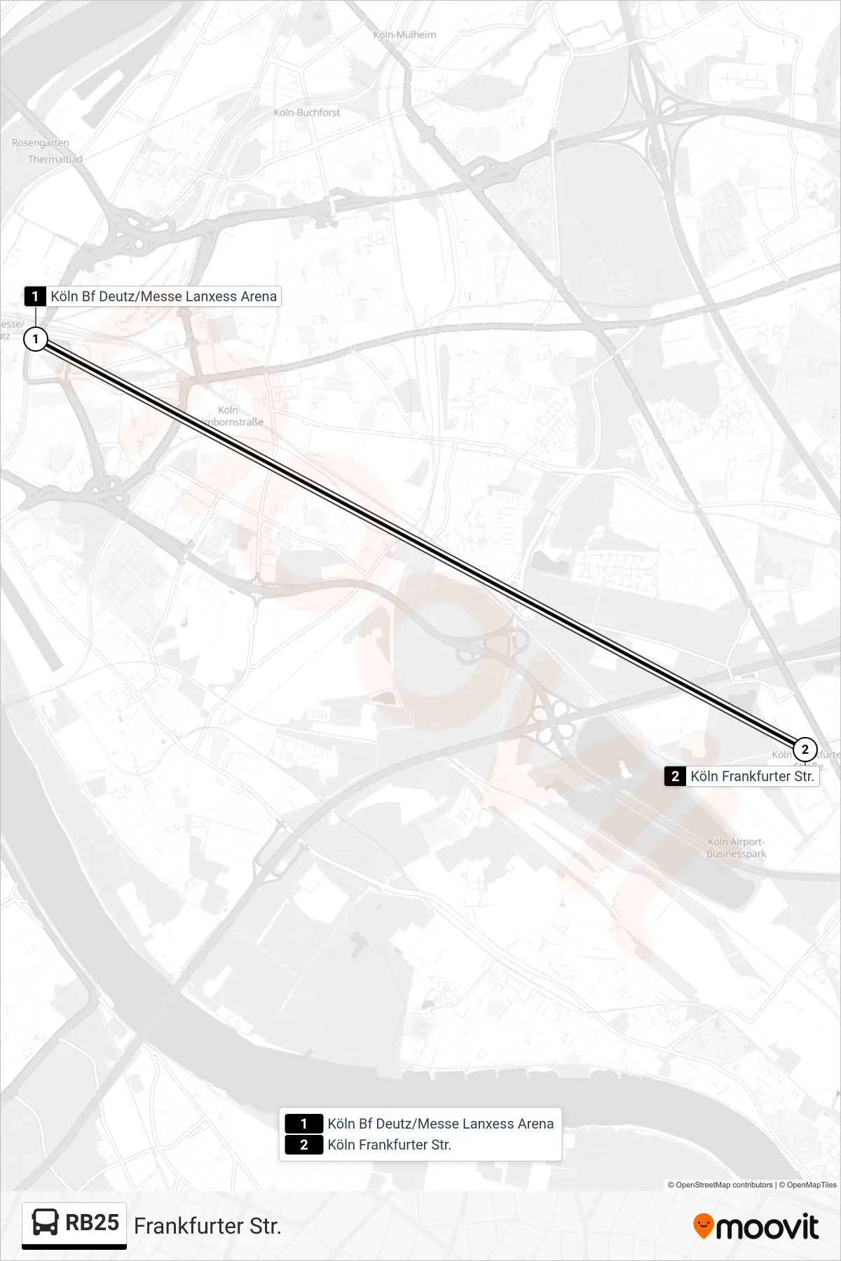 RB25 bus Line (Frankfurter Str.) route and stops on a map