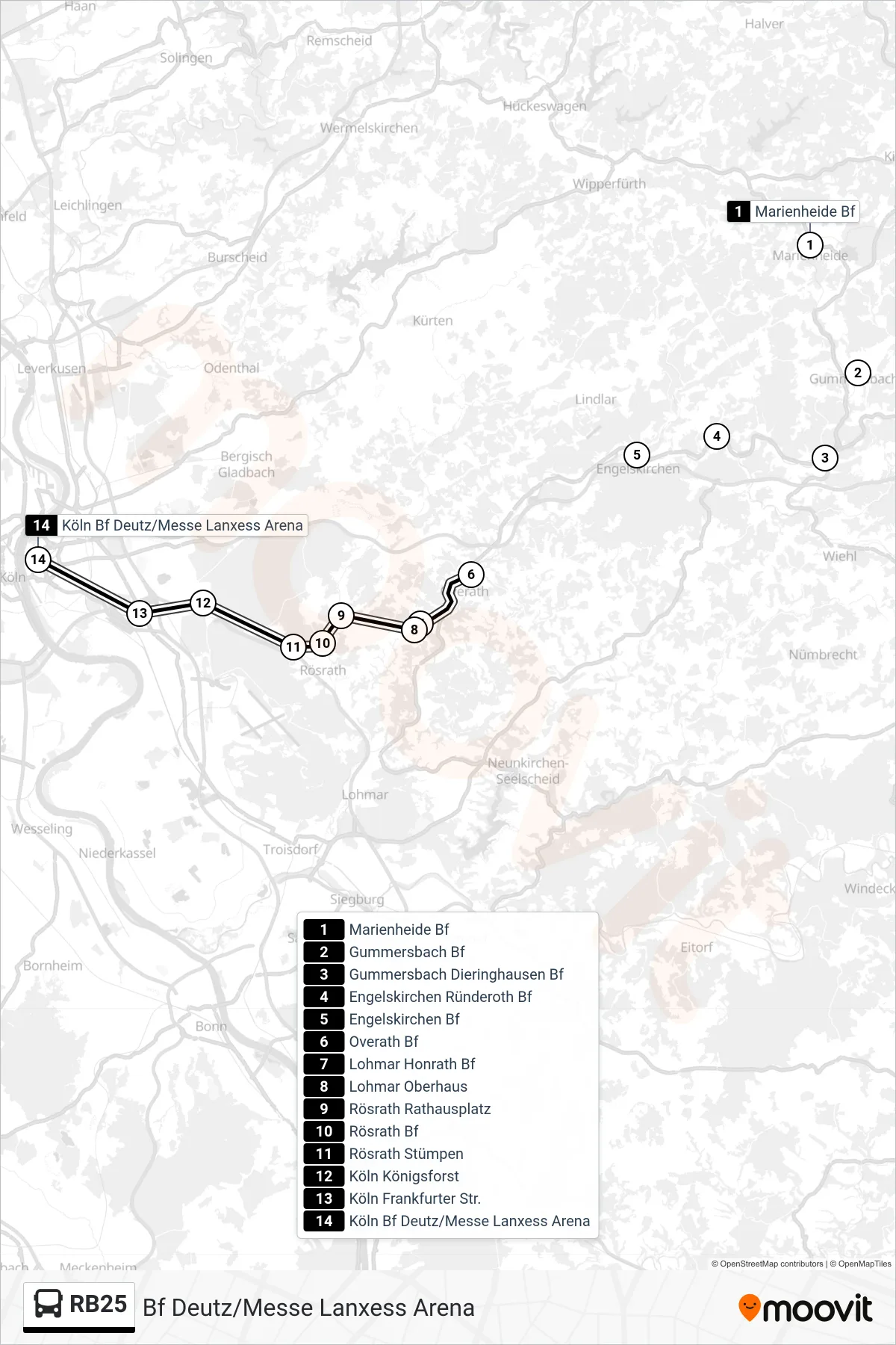 RB25 bus Line (Bf Deutz/Messe Lanxess Arena) route and stops on a map