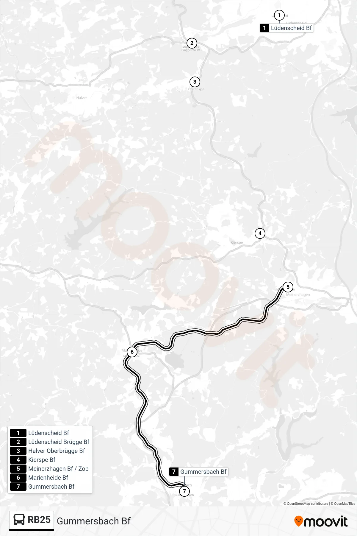 RB25 bus Line (Gummersbach Bf) route and stops on a map
