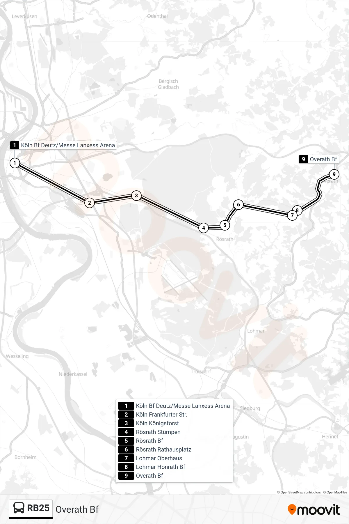 RB25 bus Line (Overath Bf) route and stops on a map