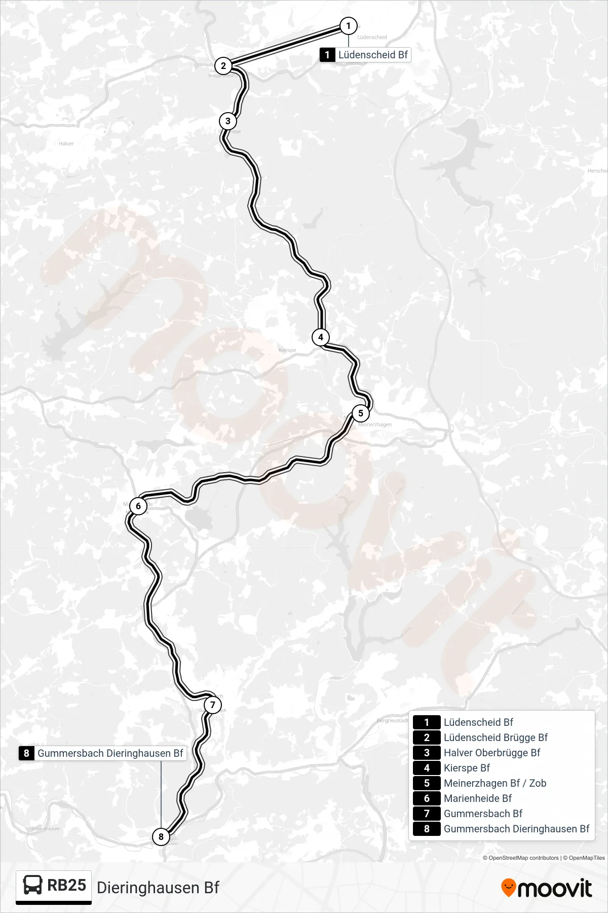 RB25 bus Line (Dieringhausen Bf) route and stops on a map