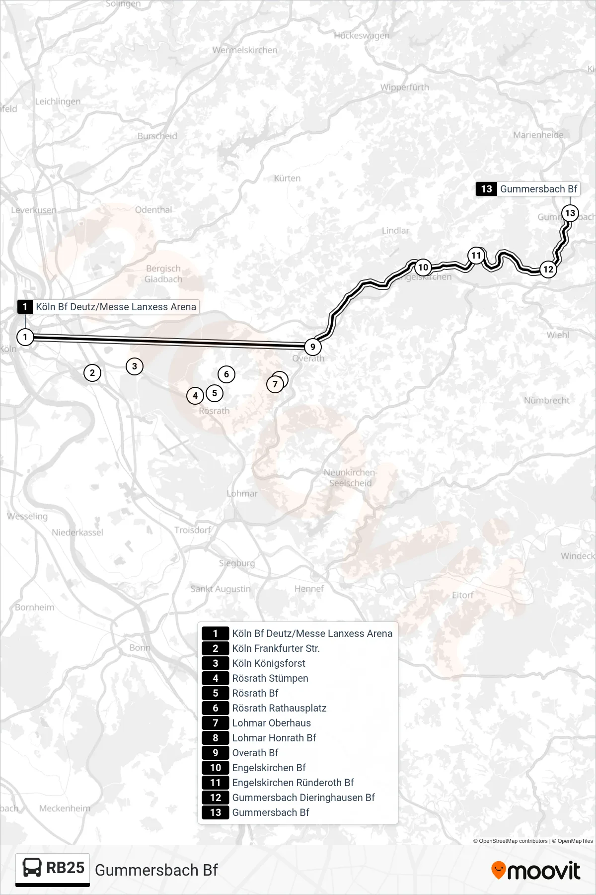 RB25 bus Line (Gummersbach Bf) route and stops on a map